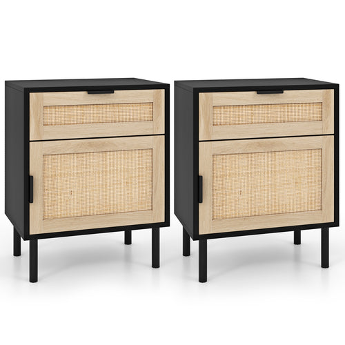 Rattan Nightstand Set of 2 with Drawer and Cabinet, Black