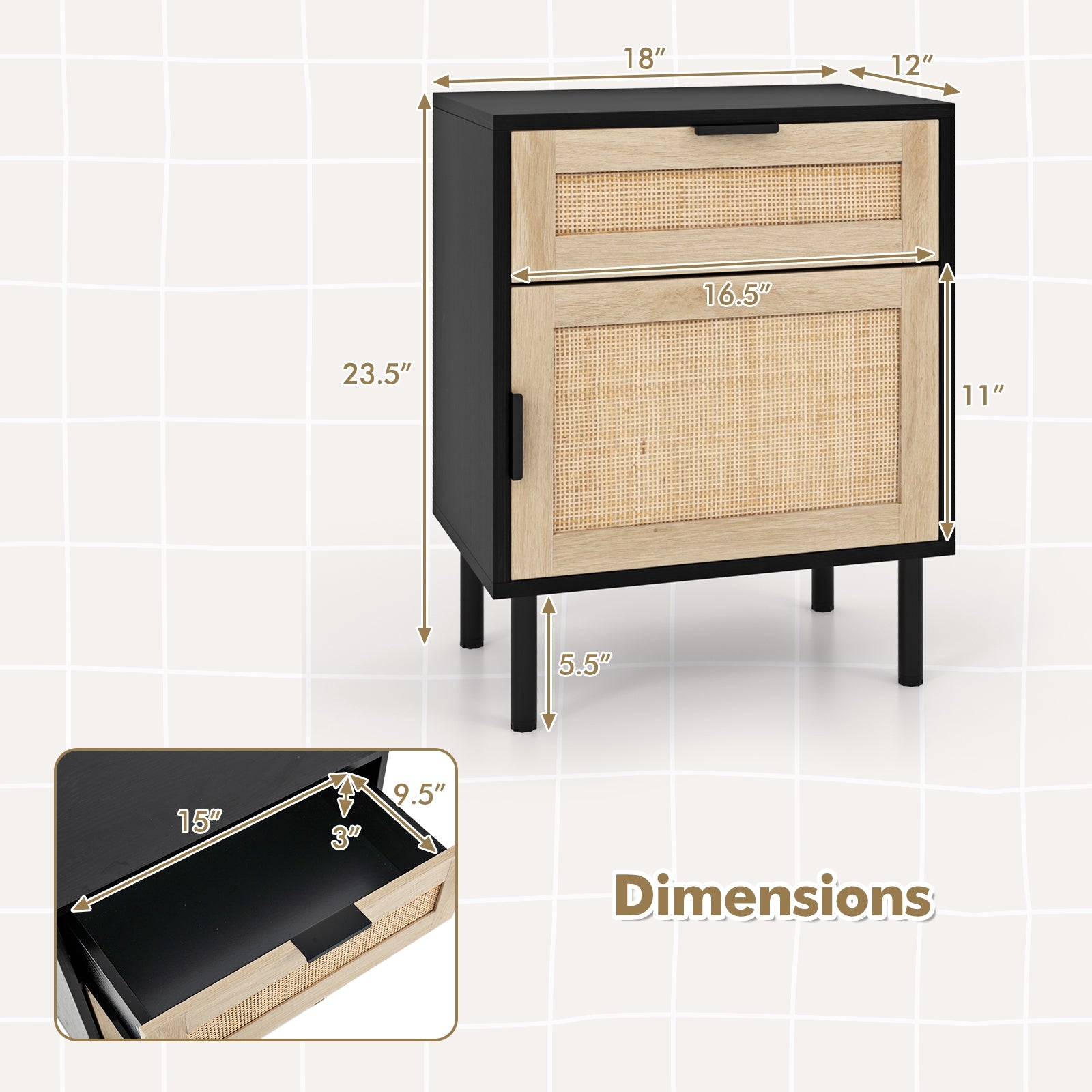 Rattan Nightstand Set of 2 with Drawer and Cabinet, Black Nightstands at Gallery Canada