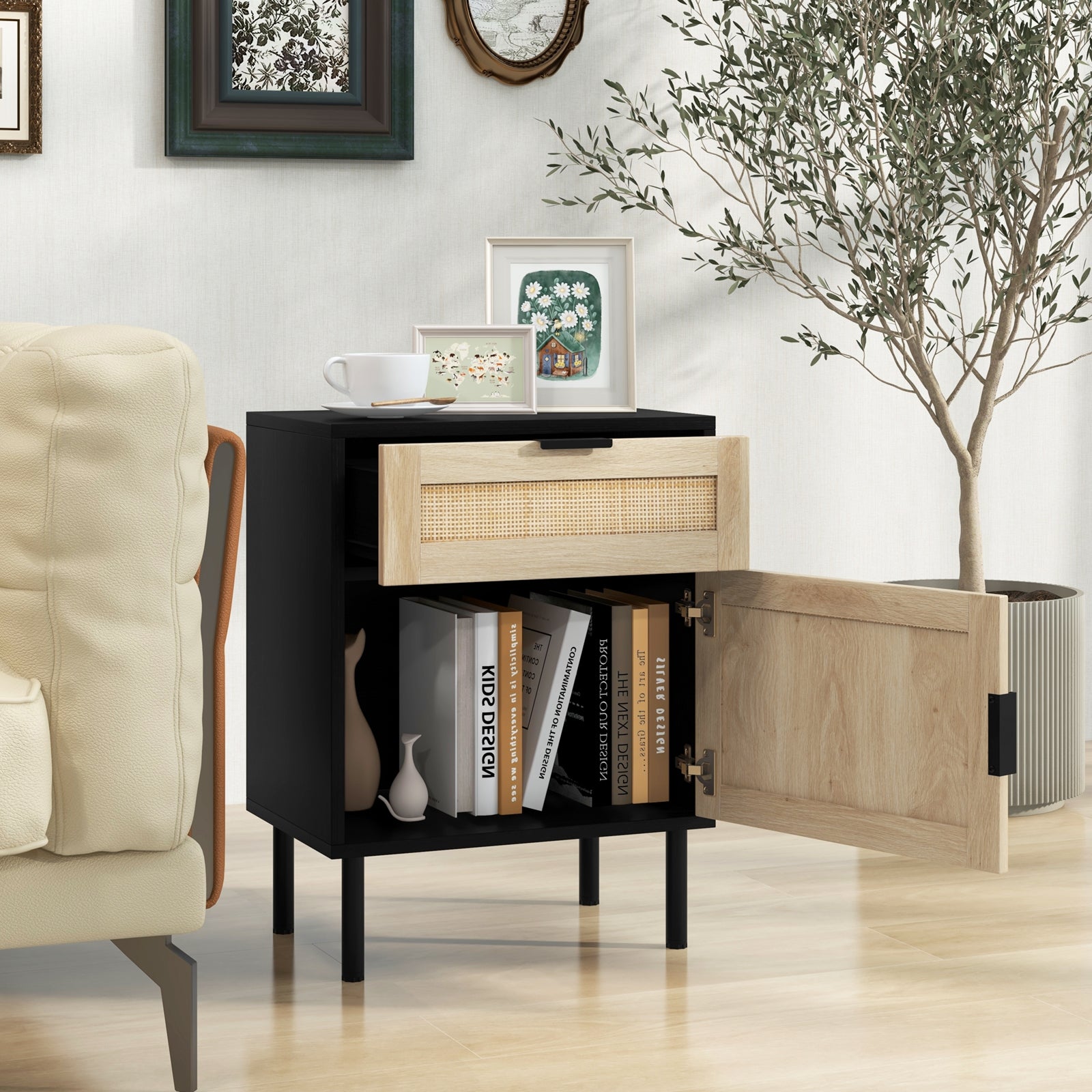 Rattan Nightstand Set of 2 with Drawer and Cabinet, Black Nightstands at Gallery Canada