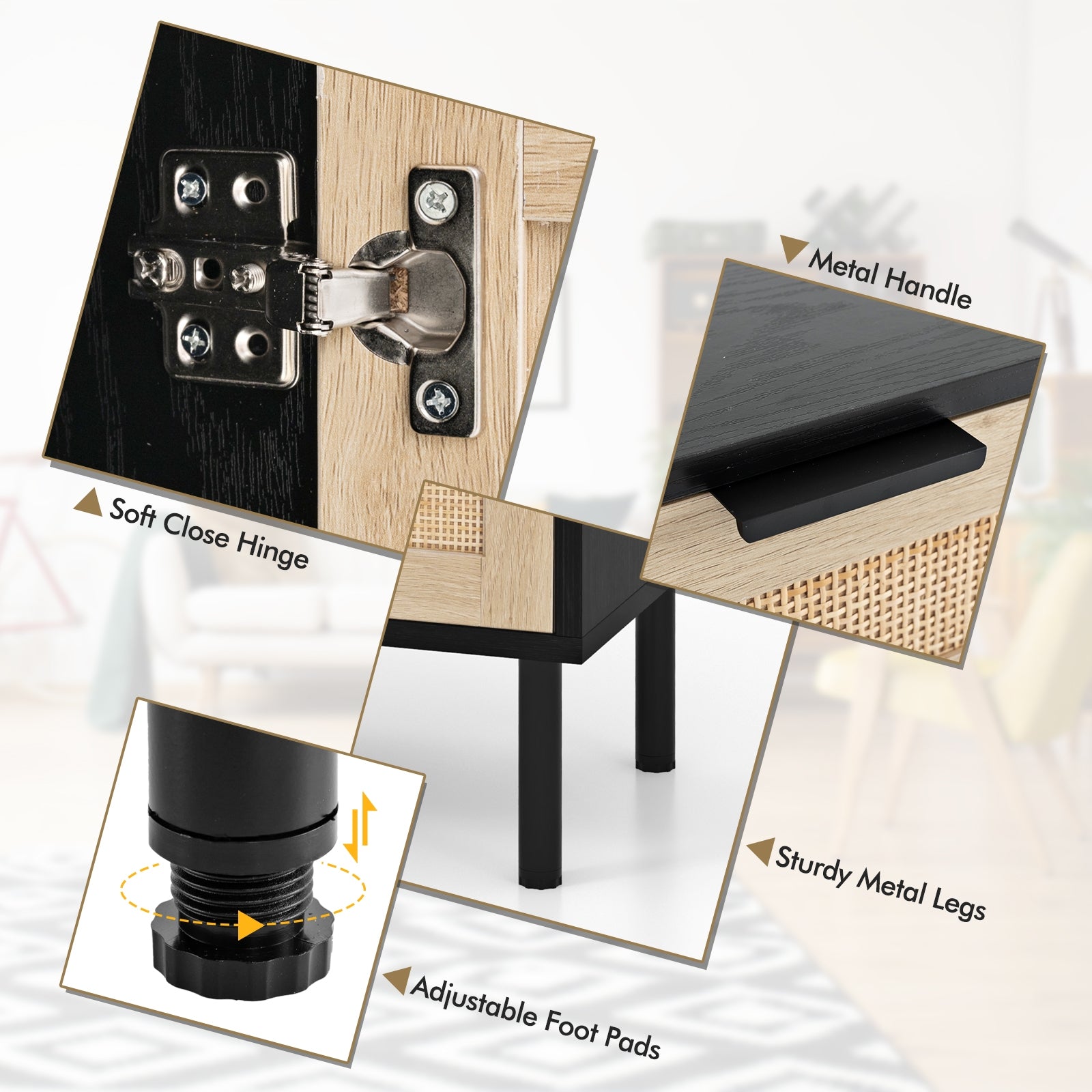 Rattan Nightstand Set of 2 with Drawer and Cabinet, Black Nightstands at Gallery Canada