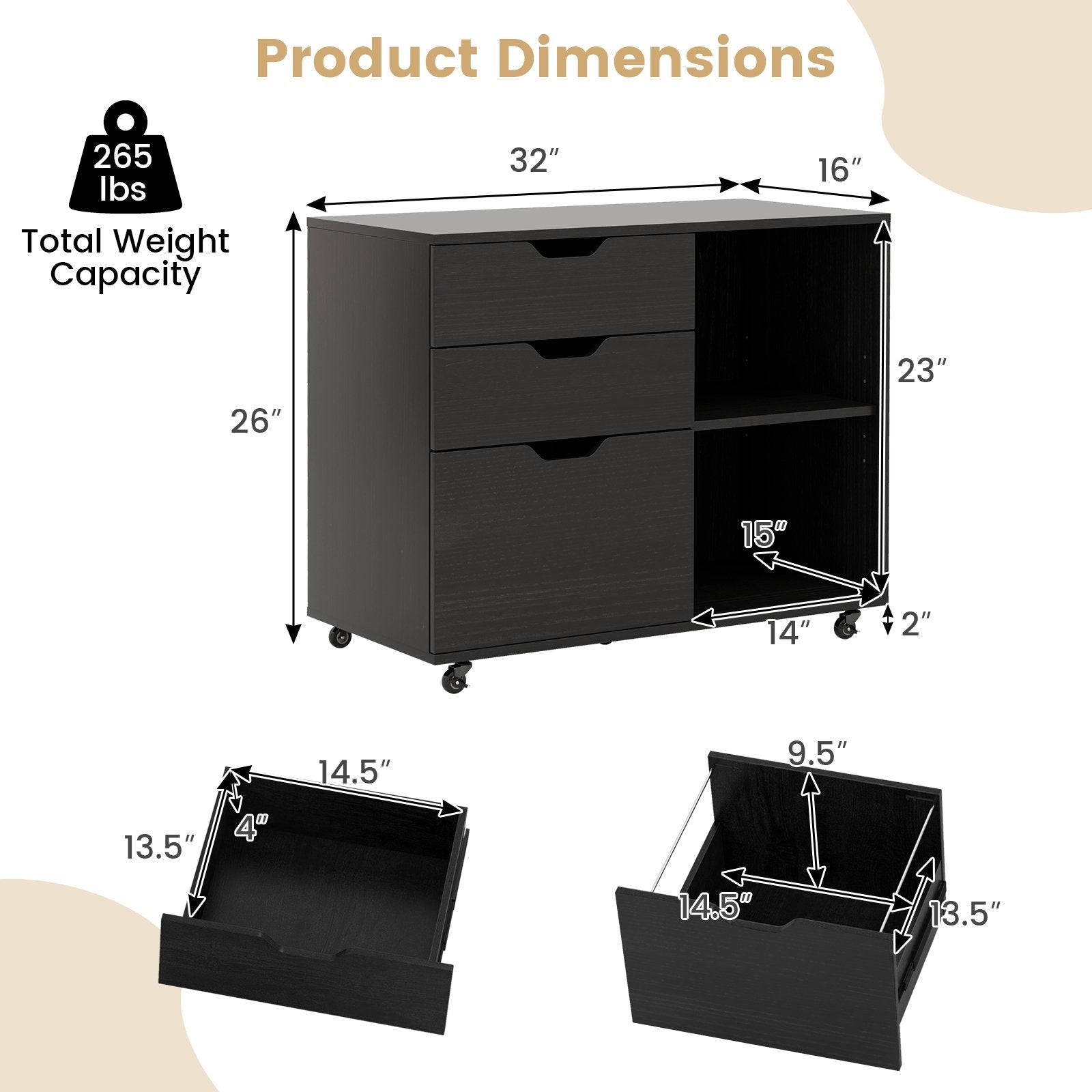 3-Drawer File Cabinet with Adjustable Shelf and Wheels for Letter, Black File Cabinets   at Gallery Canada