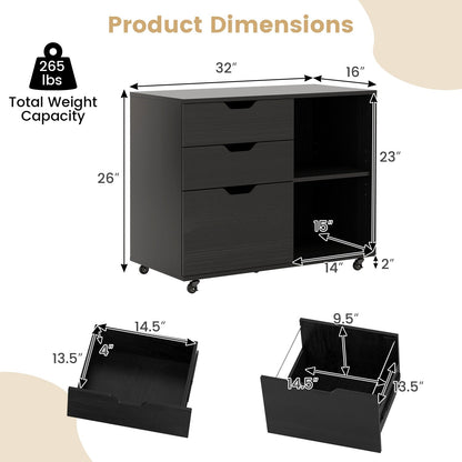 3-Drawer File Cabinet with Adjustable Shelf and Wheels for Letter, Black File Cabinets   at Gallery Canada