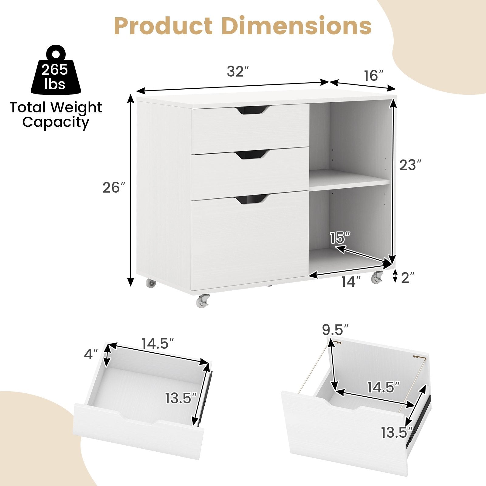 3-Drawer File Cabinet with Adjustable Shelf and Wheels for Letter, White File Cabinets   at Gallery Canada