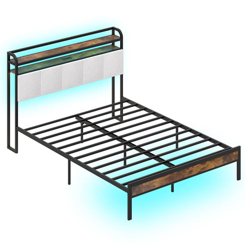 Twin/Full/Queen/King Size Bed Frame with LED Light and Charging Station-Queen Size, Gray