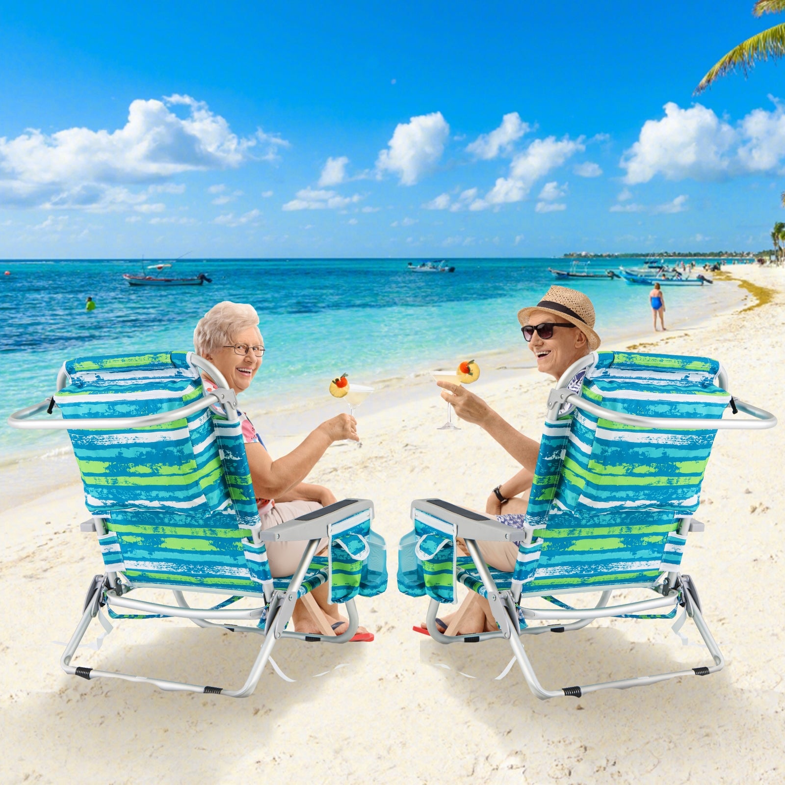Foldable Backpack Beach Chair with Cup Holder and Storage Pockets Set of 2, Green Beach & Lawn Chairs at Gallery Canada