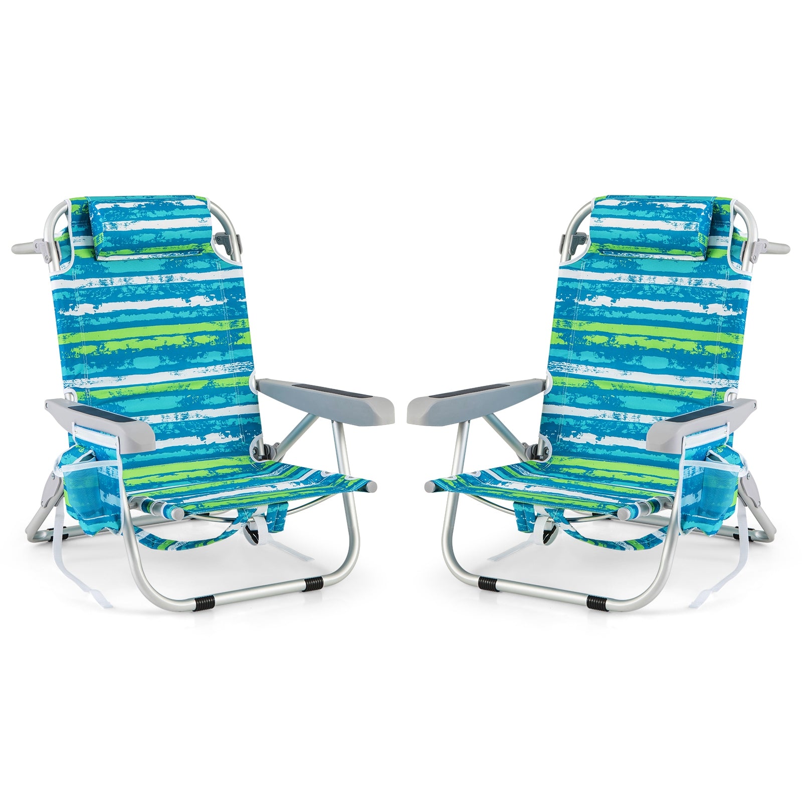 Foldable Backpack Beach Chair with Cup Holder and Storage Pockets Set of 2, Green Beach & Lawn Chairs Green at Gallery Canada