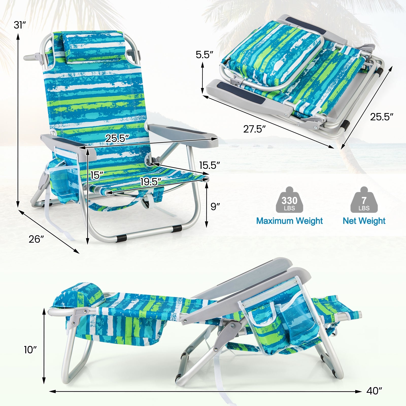 Foldable Backpack Beach Chair with Cup Holder and Storage Pockets Set of 2, Green Beach & Lawn Chairs at Gallery Canada