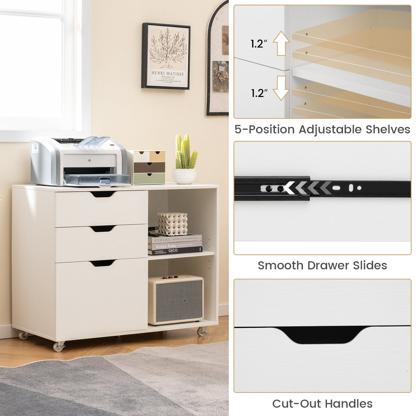 3-Drawer File Cabinet with Adjustable Shelf and Wheels for Letter, White File Cabinets   at Gallery Canada