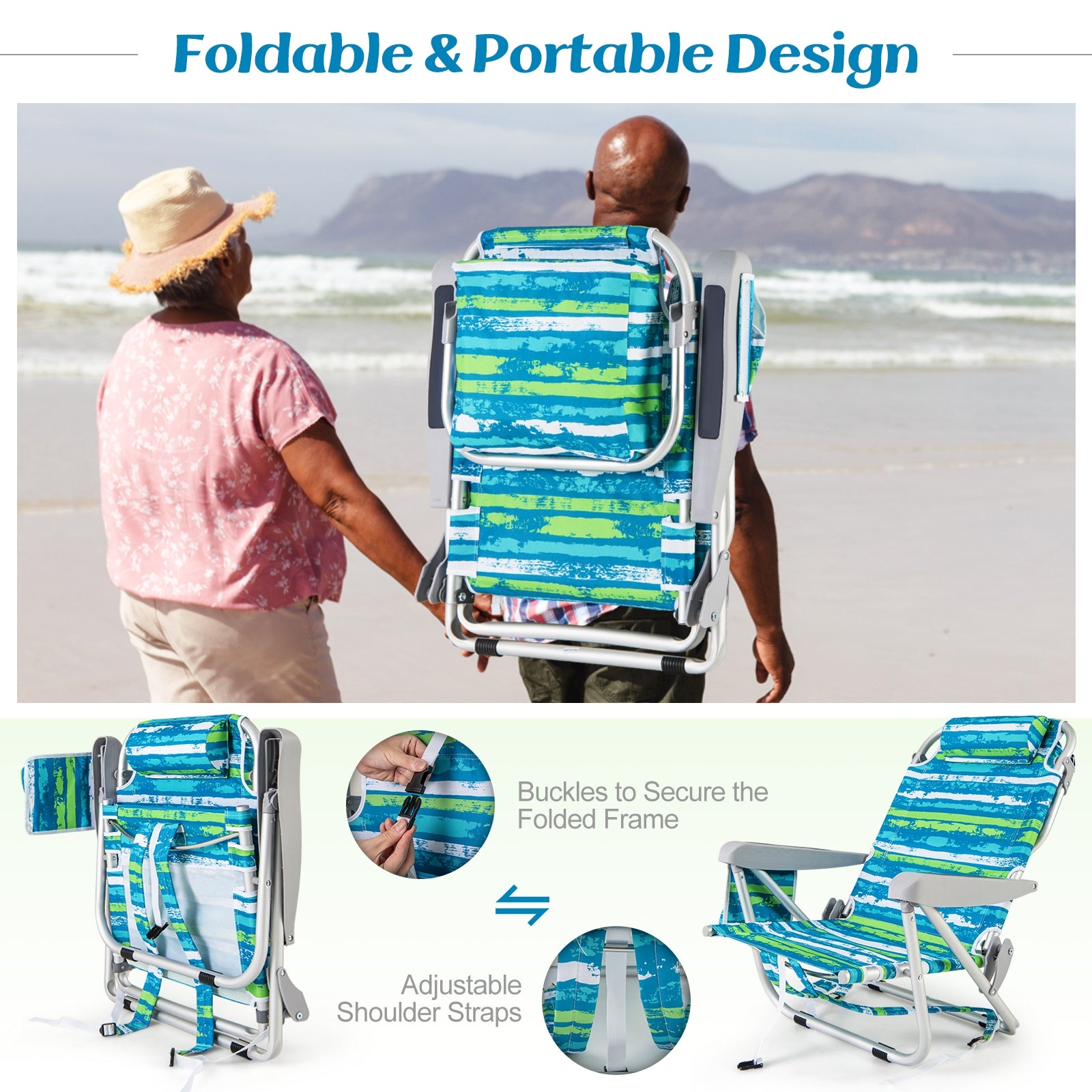 Foldable Backpack Beach Chair with Cup Holder and Storage Pockets Set of 2, Green Beach & Lawn Chairs at Gallery Canada