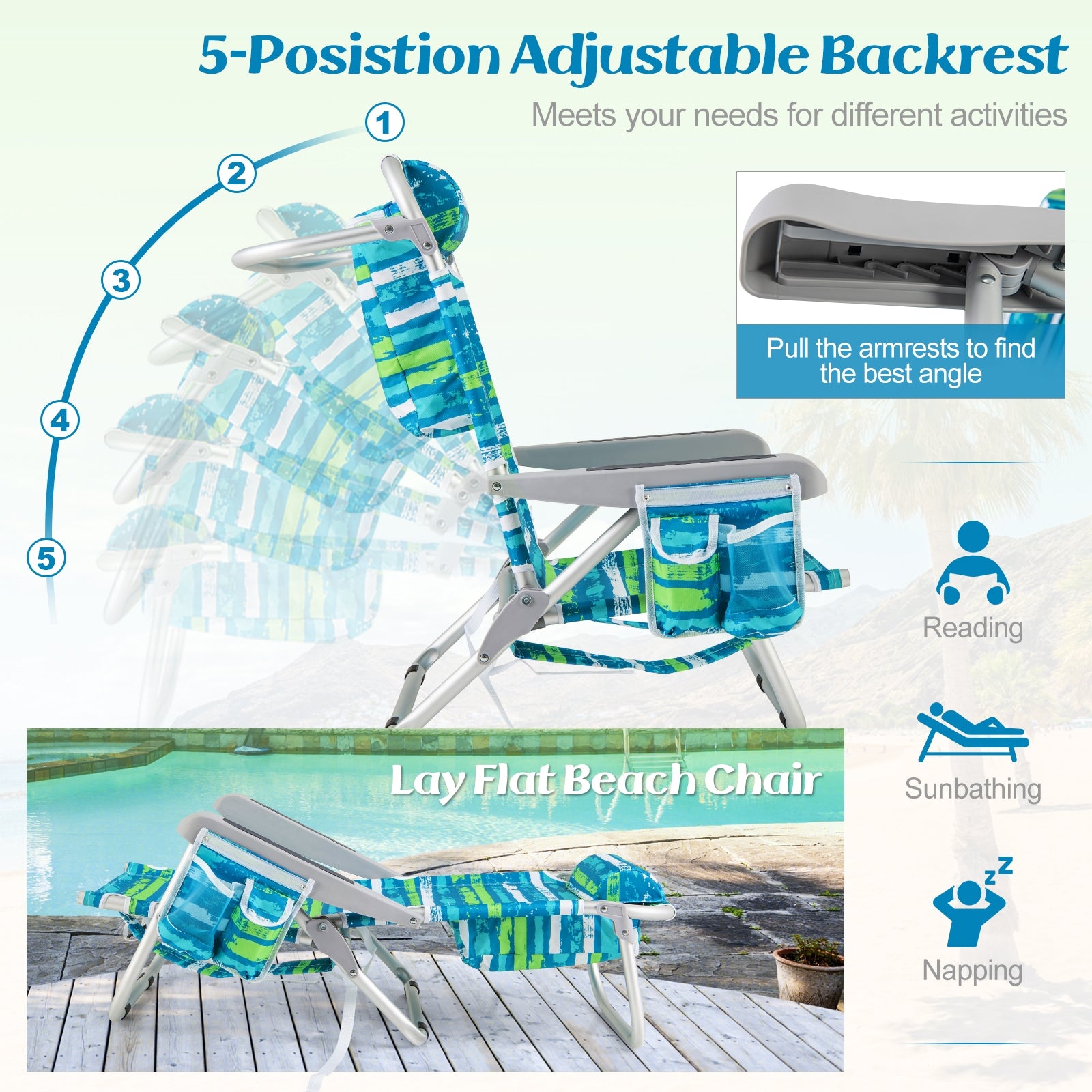 Foldable Backpack Beach Chair with Cup Holder and Storage Pockets Set of 2, Green Beach & Lawn Chairs at Gallery Canada