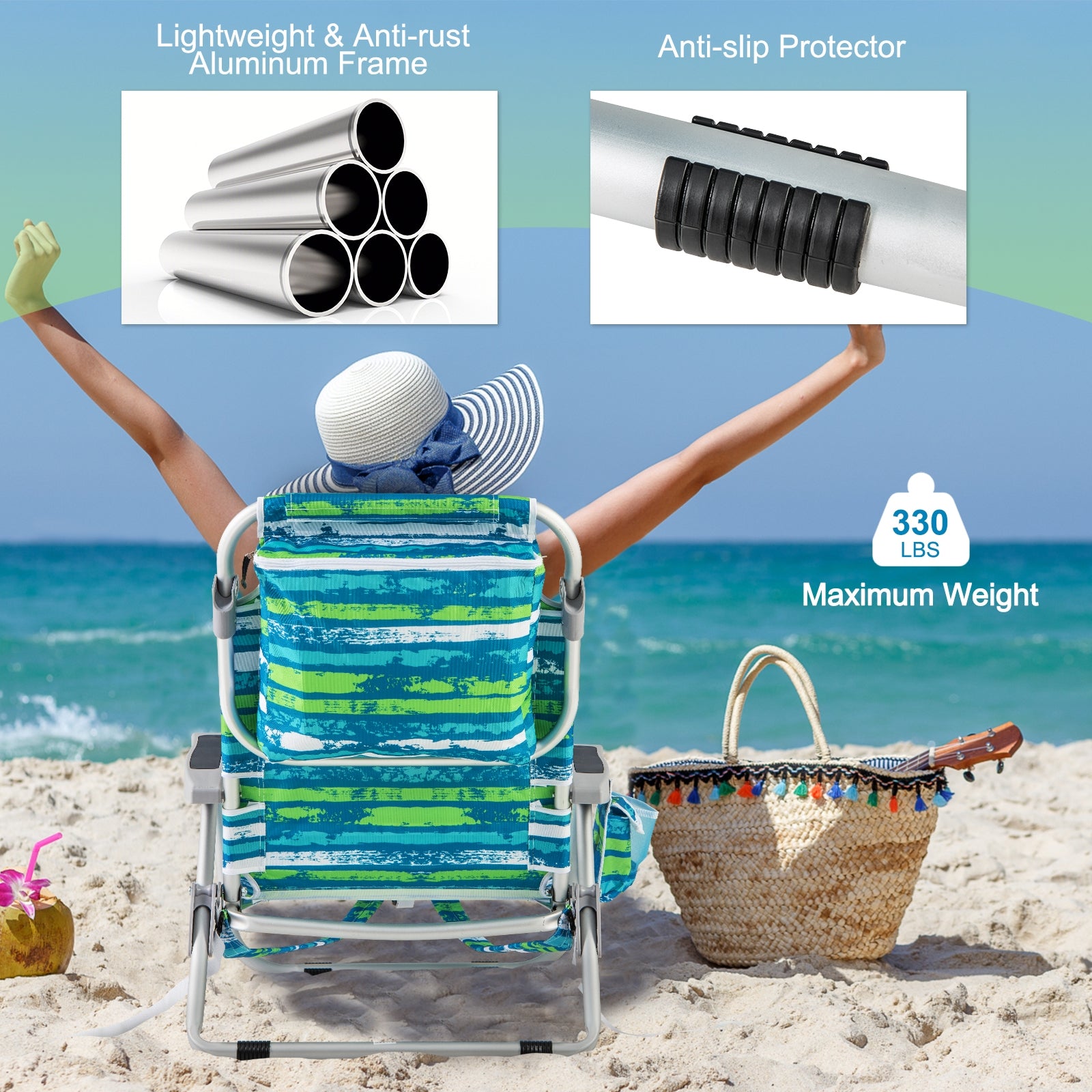 Foldable Backpack Beach Chair with Cup Holder and Storage Pockets Set of 2, Green Beach & Lawn Chairs at Gallery Canada