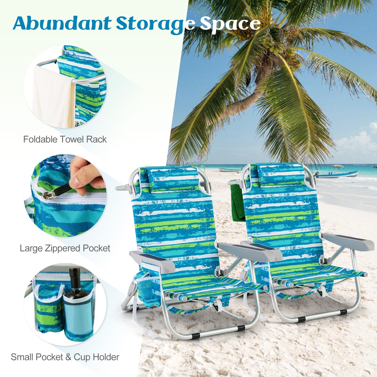 Foldable Backpack Beach Chair with Cup Holder and Storage Pockets Set of 2, Green Beach & Lawn Chairs at Gallery Canada