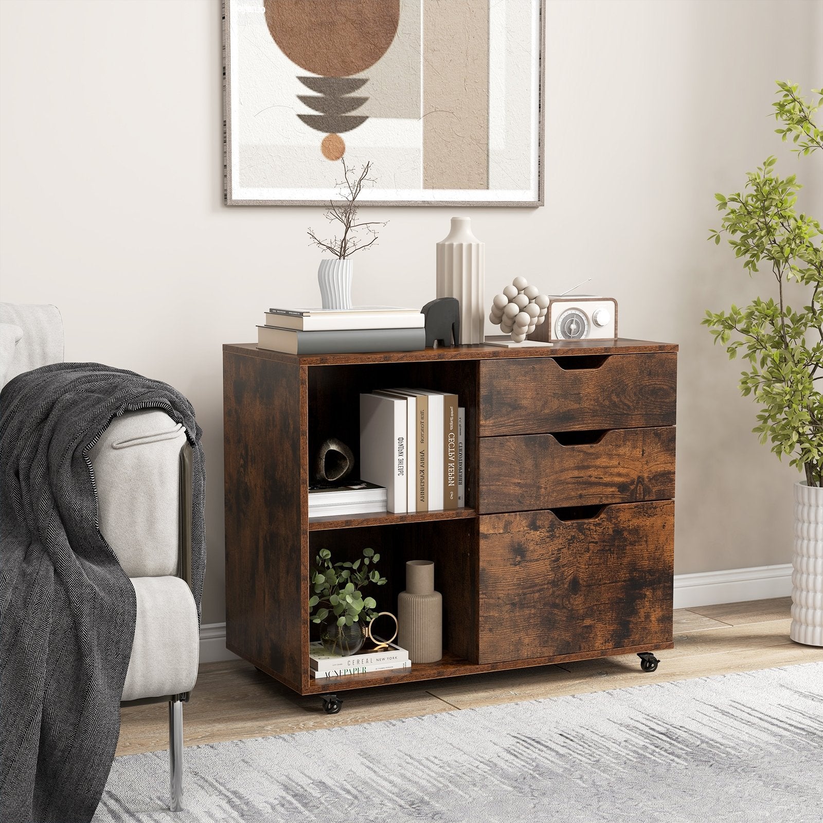 3-Drawer File Cabinet with Adjustable Shelf and Wheels for Letter, Rustic Brown File Cabinets   at Gallery Canada