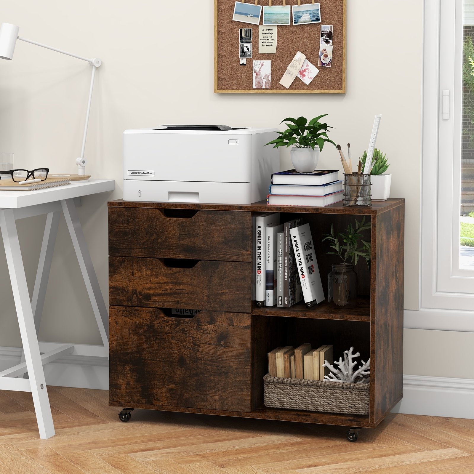 3-Drawer File Cabinet with Adjustable Shelf and Wheels for Letter, Rustic Brown File Cabinets   at Gallery Canada