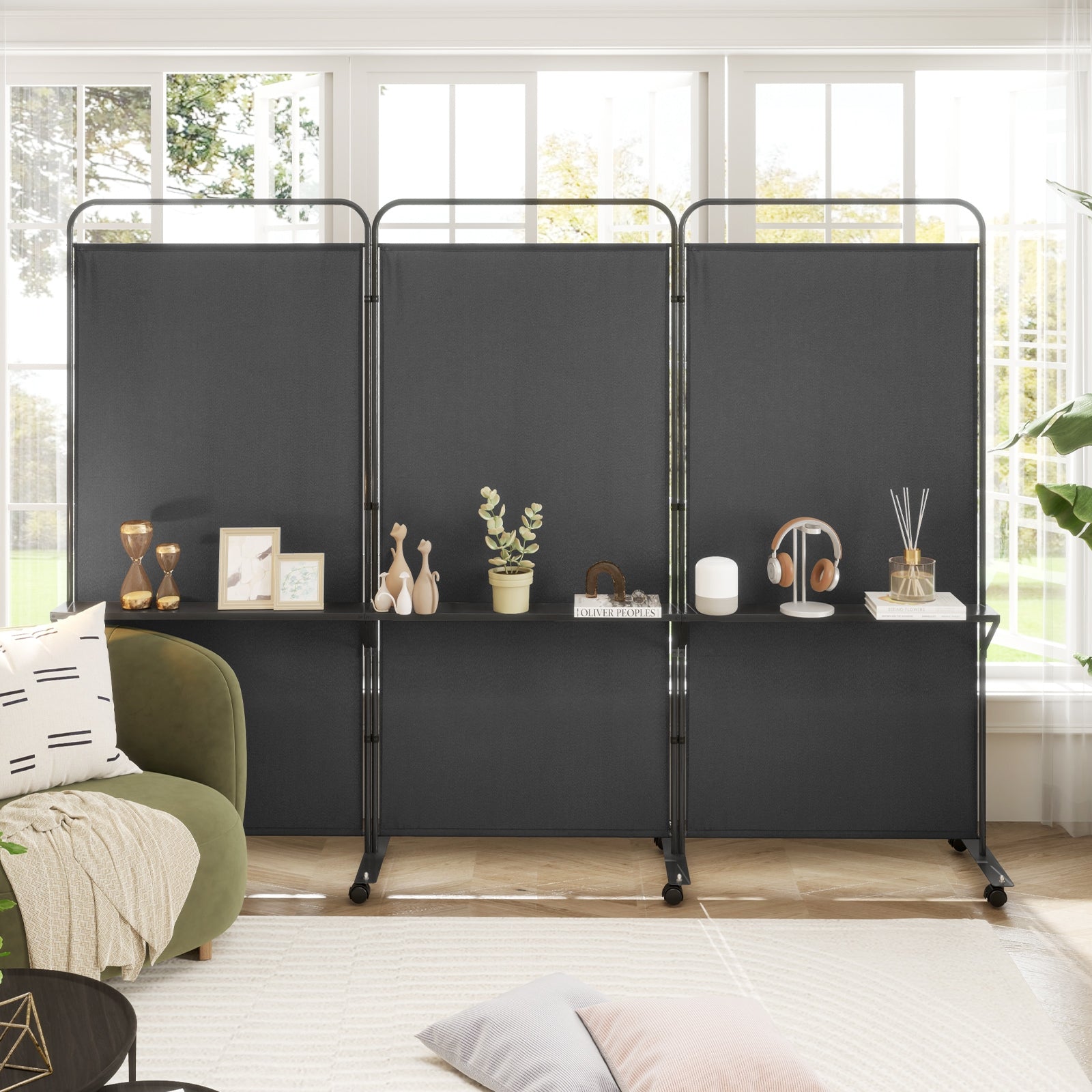 3-Panel Folding Room Divider with 3 Metal Shelves and Lockable Wheels, Black Room Dividers Black at Gallery Canada