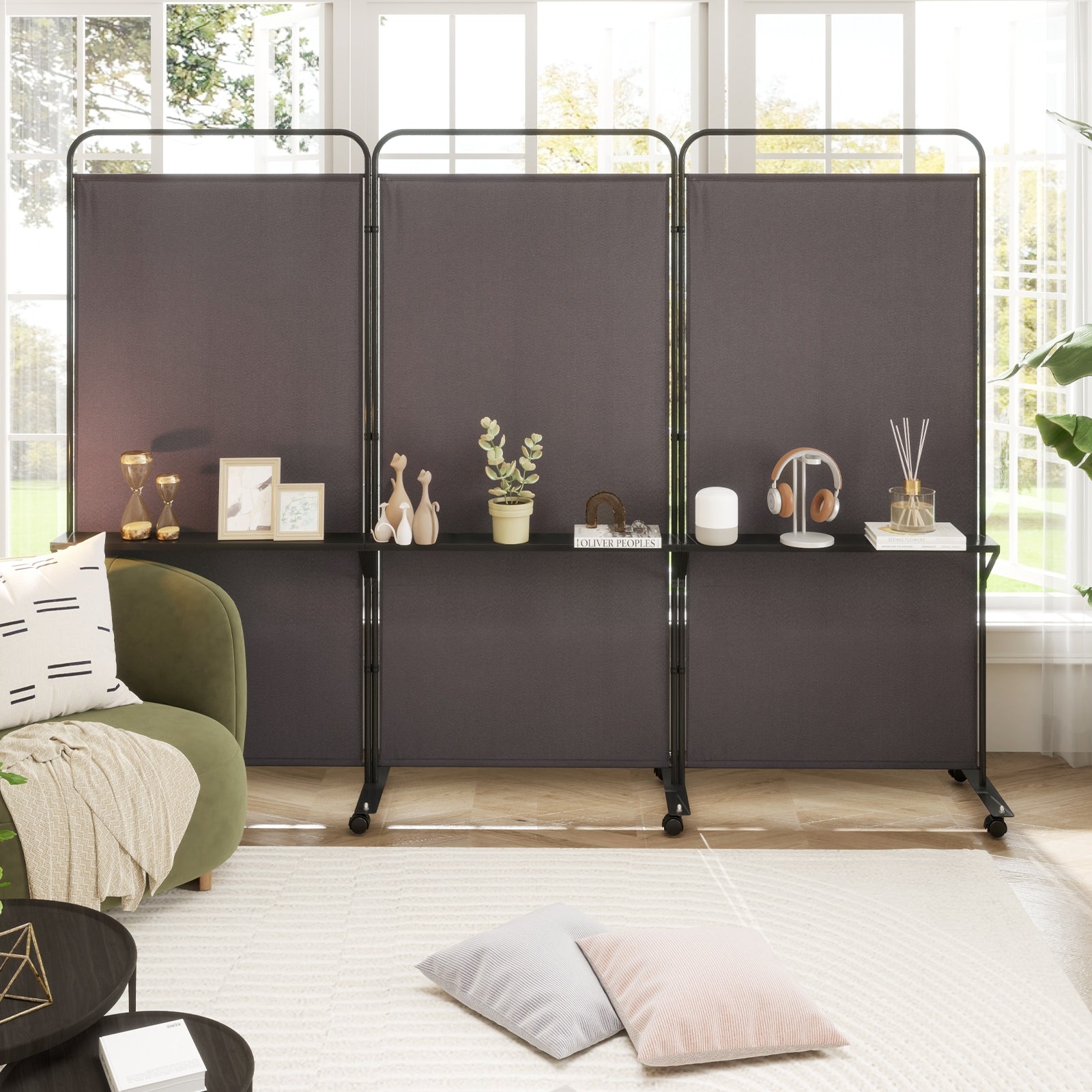 3-Panel Folding Room Divider with 3 Metal Shelves and Lockable Wheels, Brown Room Dividers at Gallery Canada