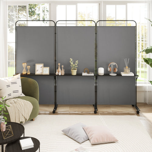 3-Panel Folding Room Divider with 3 Metal Shelves and Lockable Wheels, Gray