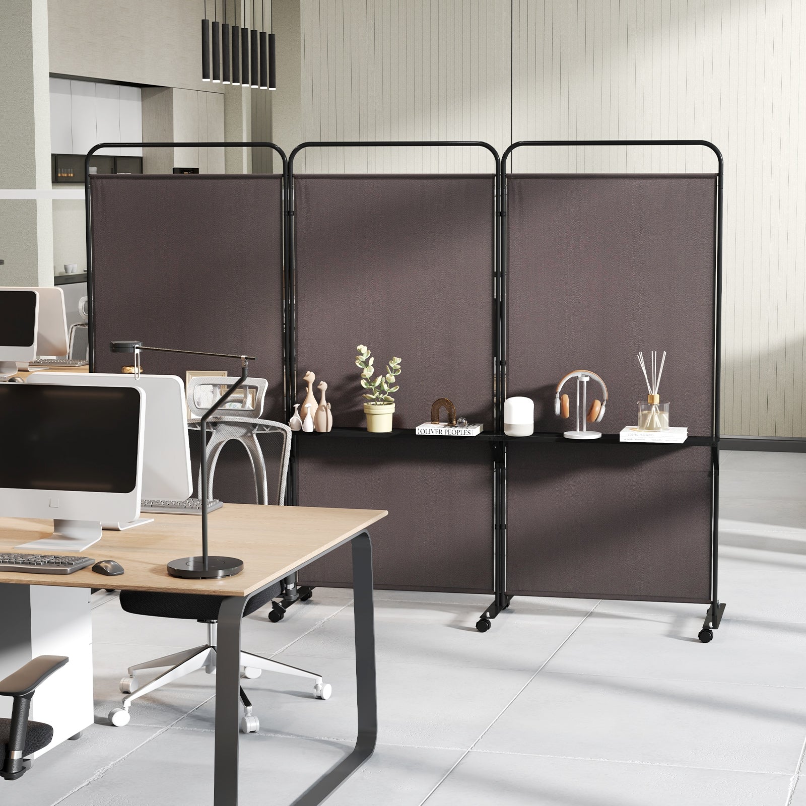 3-Panel Folding Room Divider with 3 Metal Shelves and Lockable Wheels, Brown Room Dividers at Gallery Canada