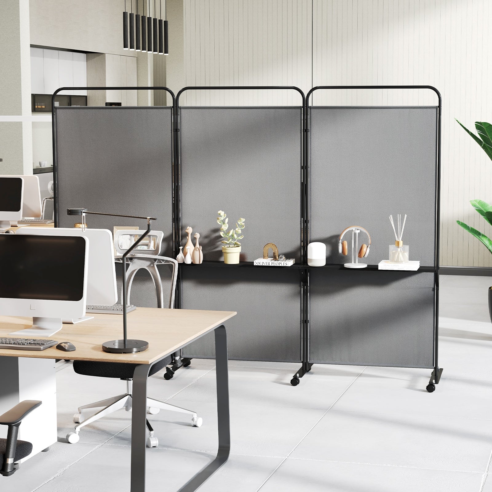 3-Panel Folding Room Divider with 3 Metal Shelves and Lockable Wheels, Gray Room Dividers at Gallery Canada