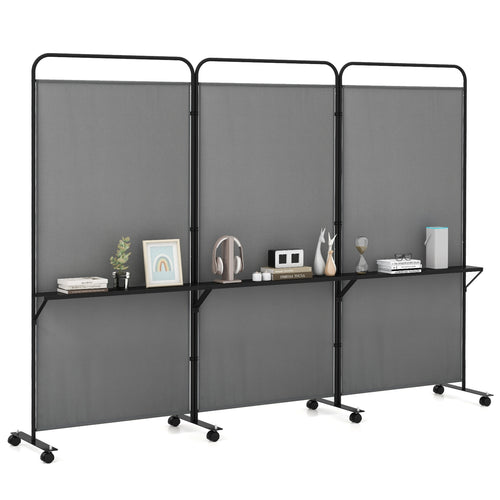 3-Panel Folding Room Divider with 3 Metal Shelves and Lockable Wheels, Gray