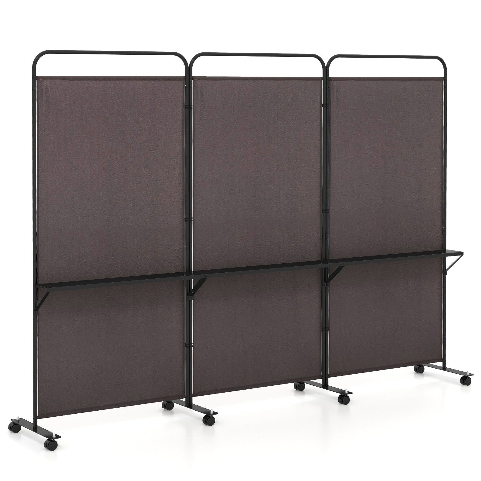 3-Panel Folding Room Divider with 3 Metal Shelves and Lockable Wheels, Brown Room Dividers at Gallery Canada