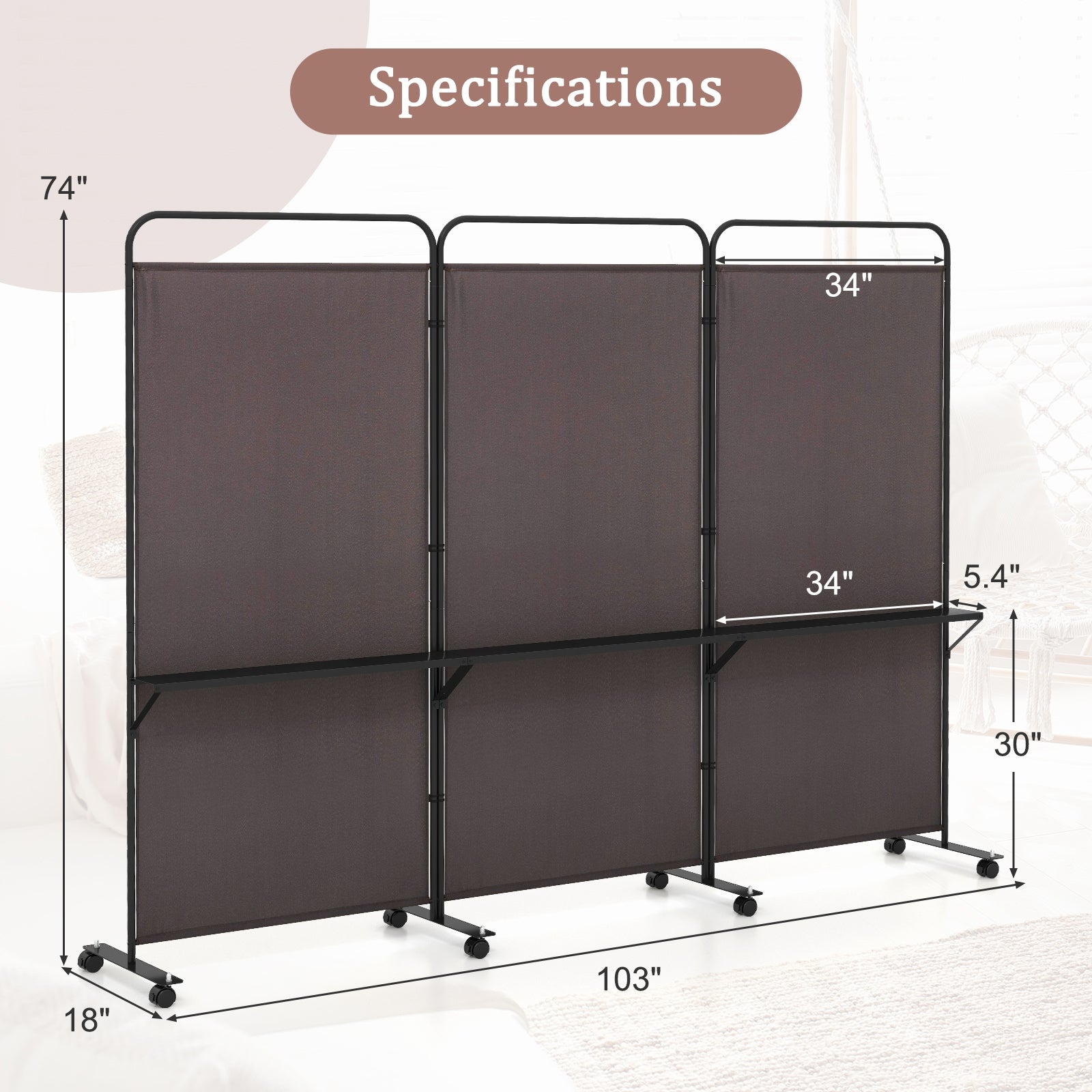 3-Panel Folding Room Divider with 3 Metal Shelves and Lockable Wheels, Brown Room Dividers at Gallery Canada