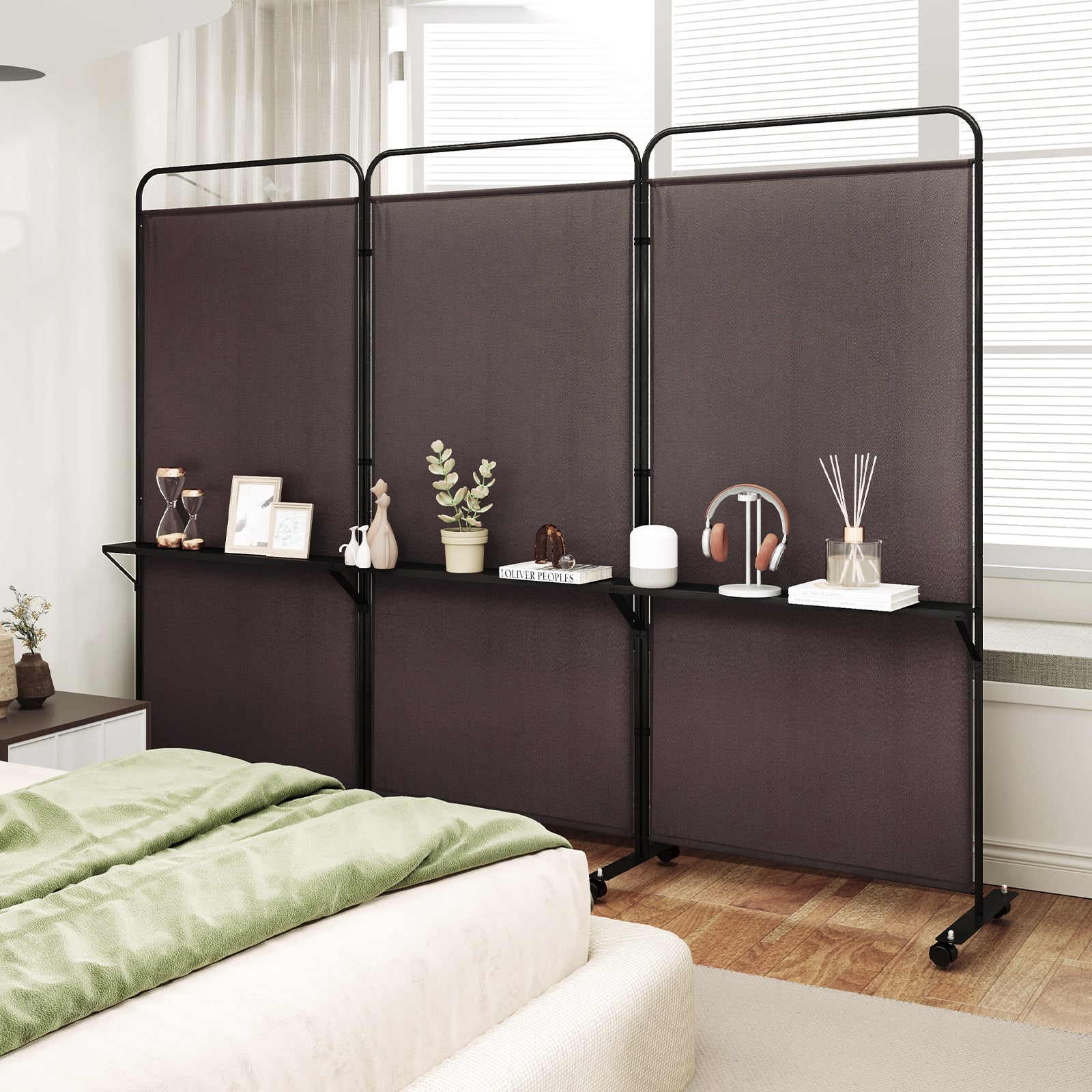 3-Panel Folding Room Divider with 3 Metal Shelves and Lockable Wheels, Brown Room Dividers at Gallery Canada