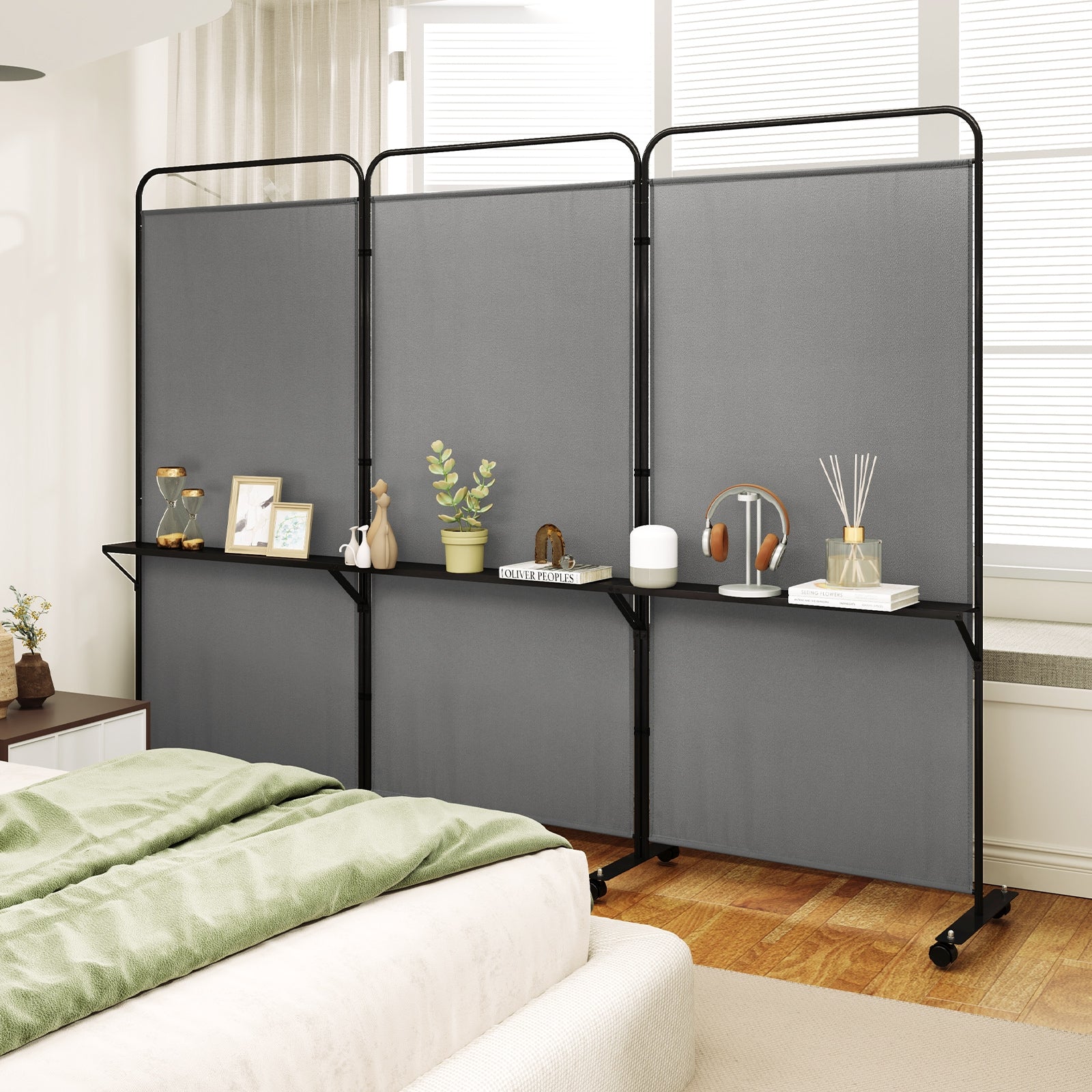 3-Panel Folding Room Divider with 3 Metal Shelves and Lockable Wheels, Gray Room Dividers at Gallery Canada