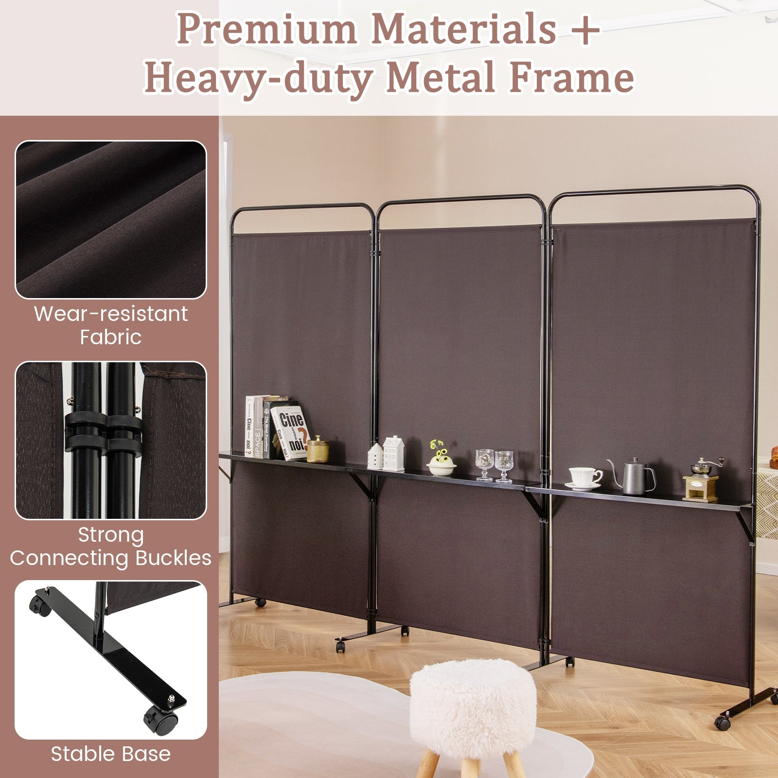 3-Panel Folding Room Divider with 3 Metal Shelves and Lockable Wheels, Brown Room Dividers at Gallery Canada