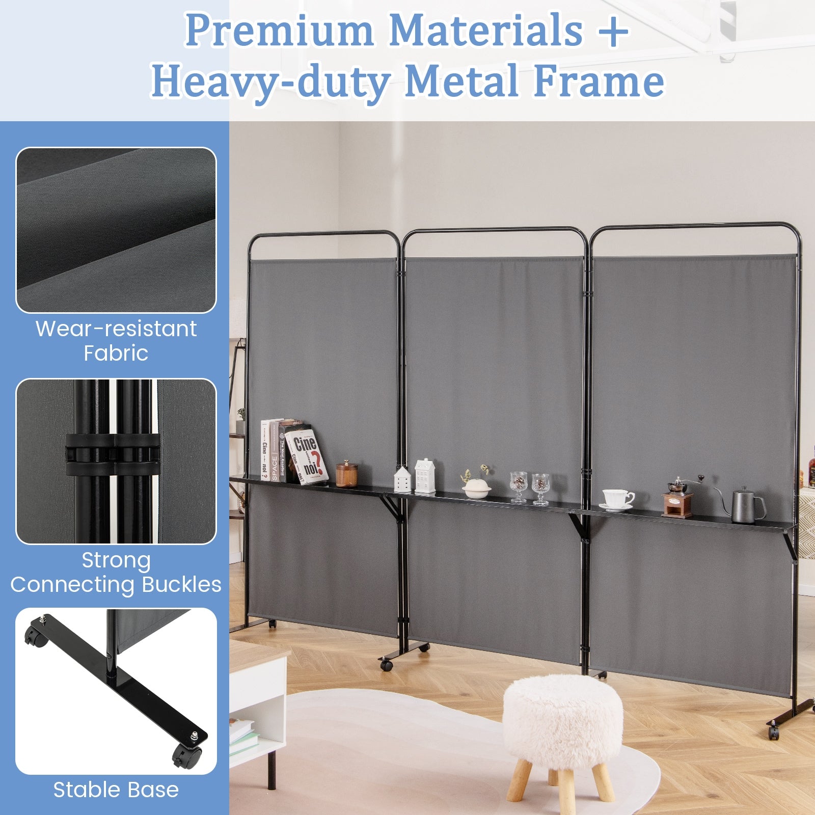 3-Panel Folding Room Divider with 3 Metal Shelves and Lockable Wheels, Gray Room Dividers at Gallery Canada