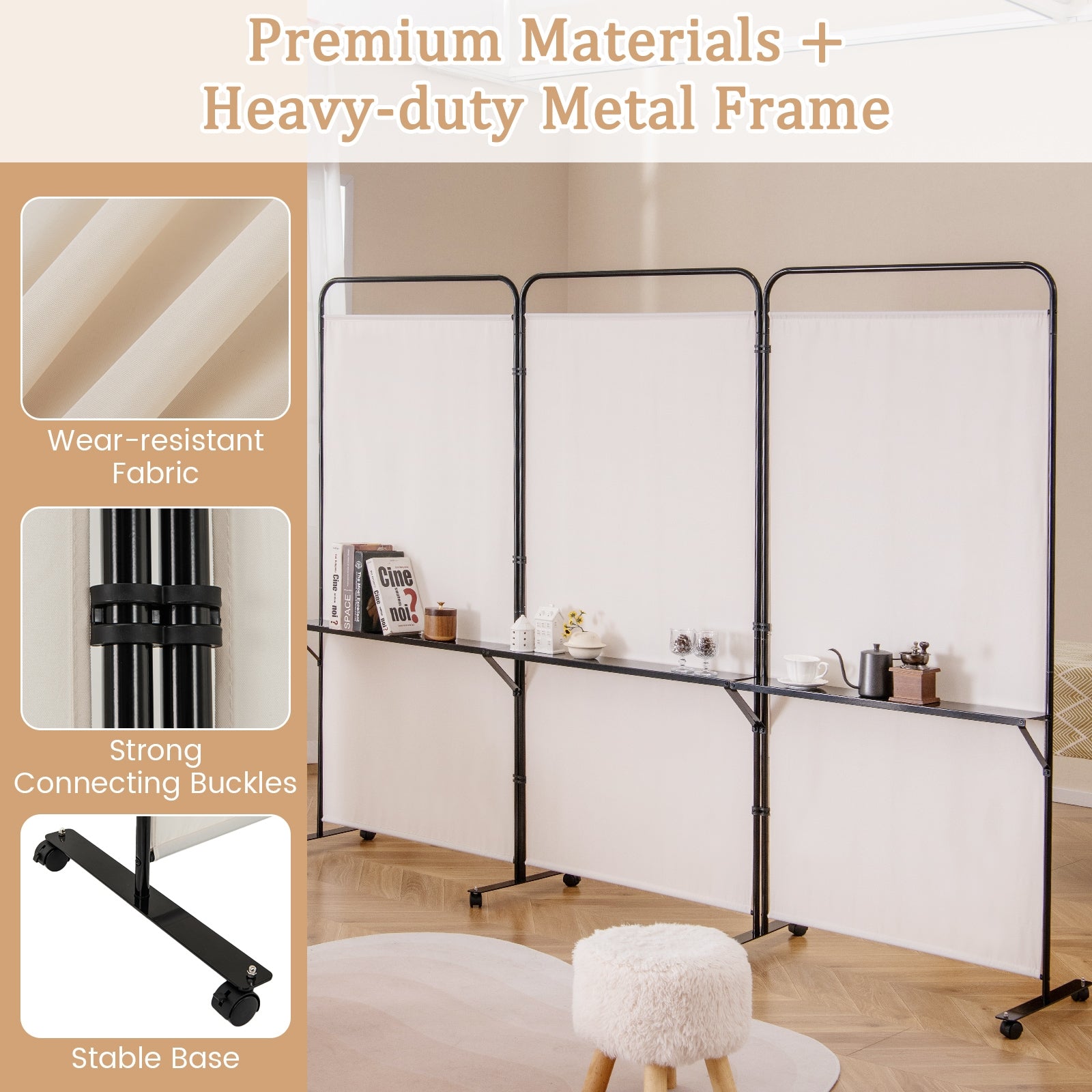3-Panel Folding Room Divider with 3 Metal Shelves and Lockable Wheels, Beige Room Dividers at Gallery Canada
