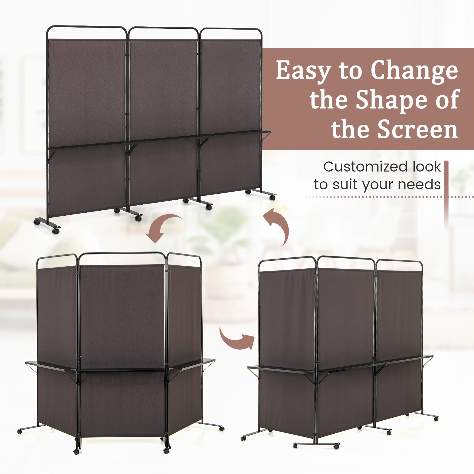 3-Panel Folding Room Divider with 3 Metal Shelves and Lockable Wheels, Brown Room Dividers at Gallery Canada