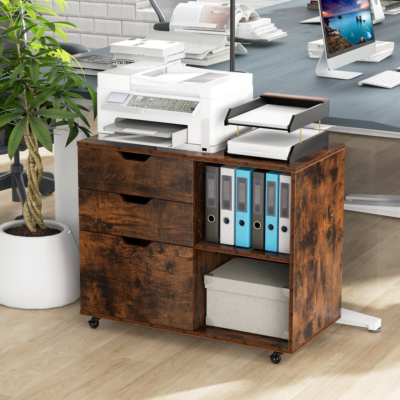 3-Drawer File Cabinet with Adjustable Shelf and Wheels for Letter, Rustic Brown File Cabinets   at Gallery Canada