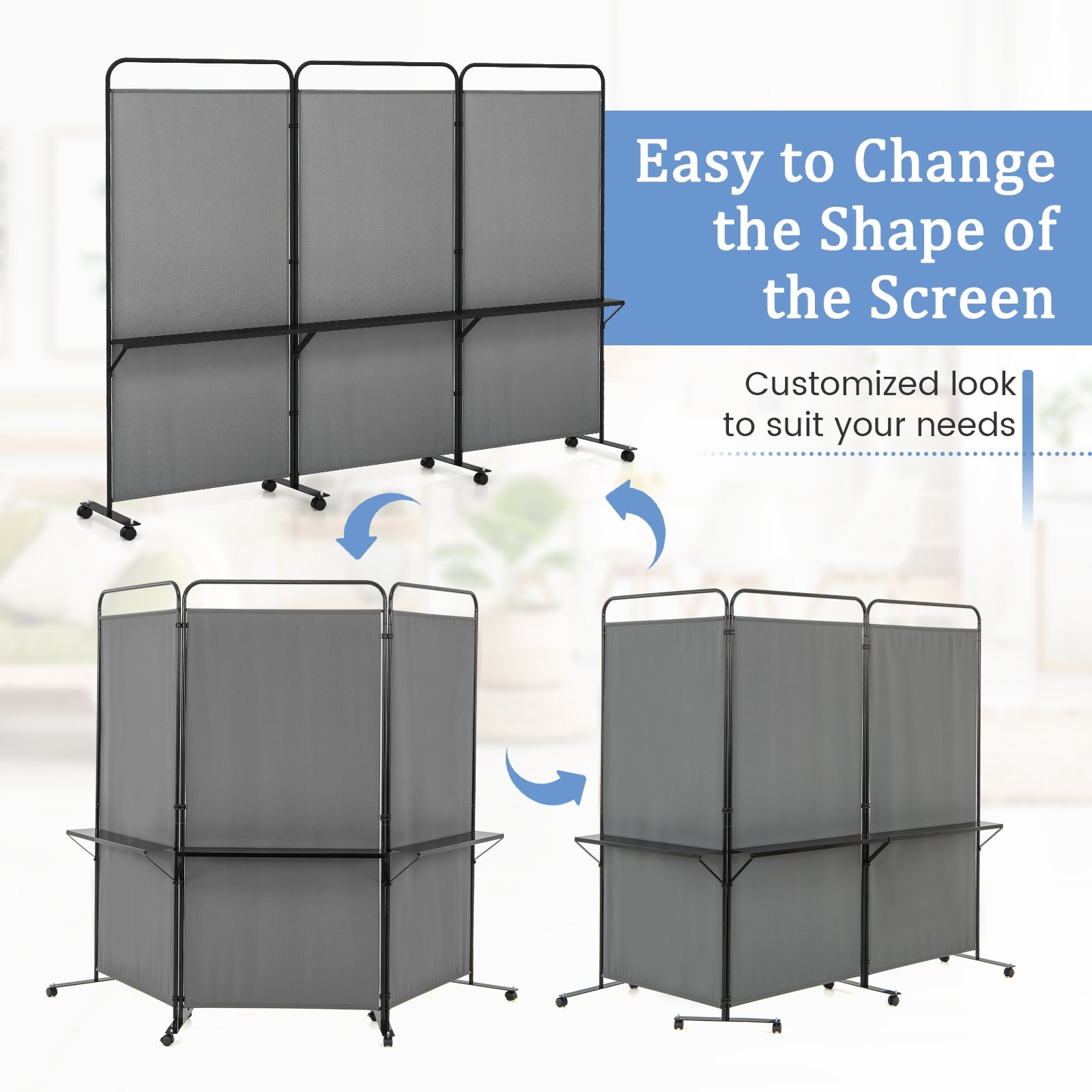 3-Panel Folding Room Divider with 3 Metal Shelves and Lockable Wheels, Gray Room Dividers at Gallery Canada