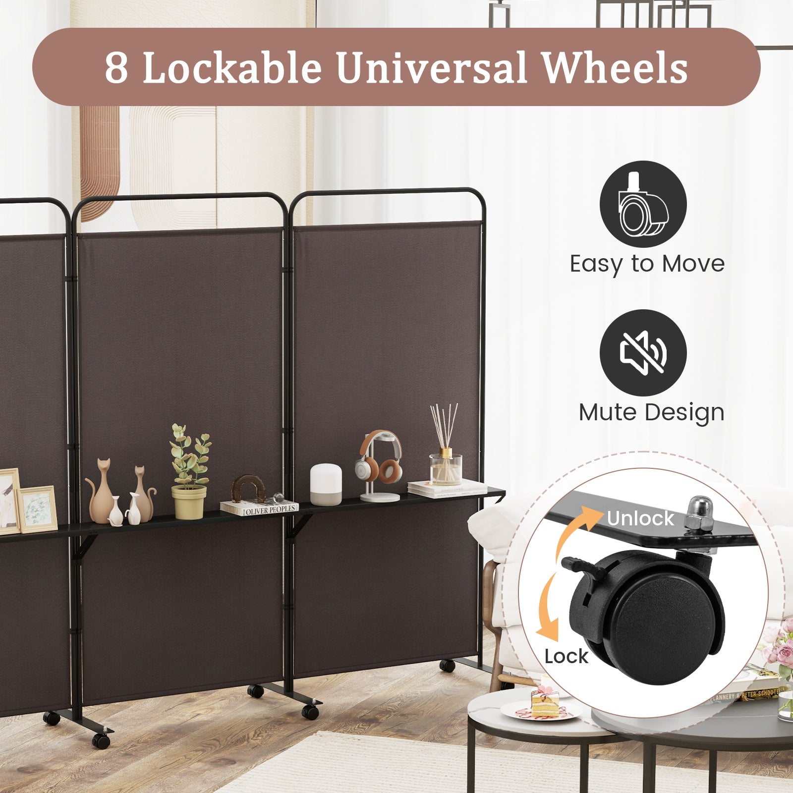 3-Panel Folding Room Divider with 3 Metal Shelves and Lockable Wheels, Brown Room Dividers at Gallery Canada