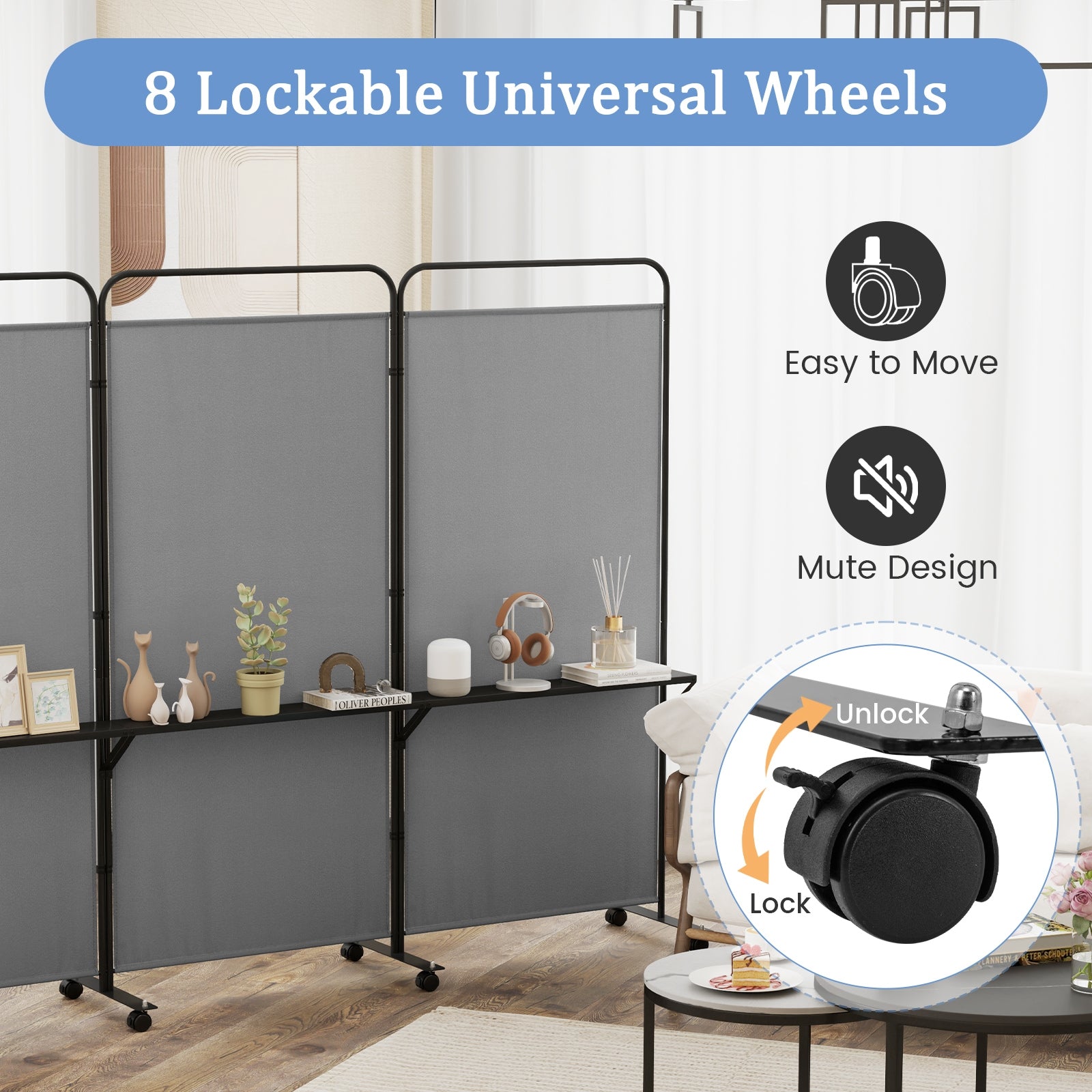 3-Panel Folding Room Divider with 3 Metal Shelves and Lockable Wheels, Gray Room Dividers at Gallery Canada