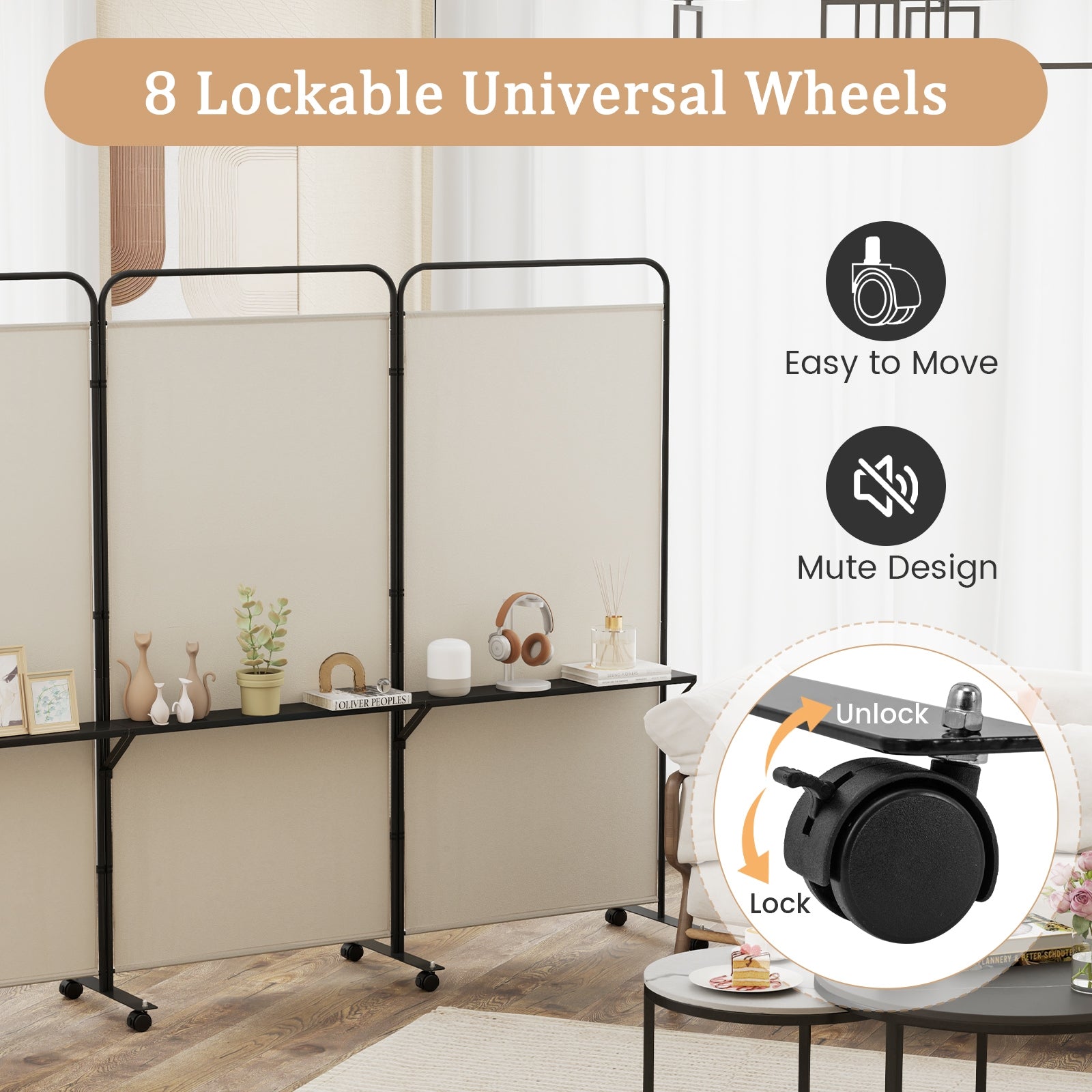 3-Panel Folding Room Divider with 3 Metal Shelves and Lockable Wheels, Beige Room Dividers at Gallery Canada