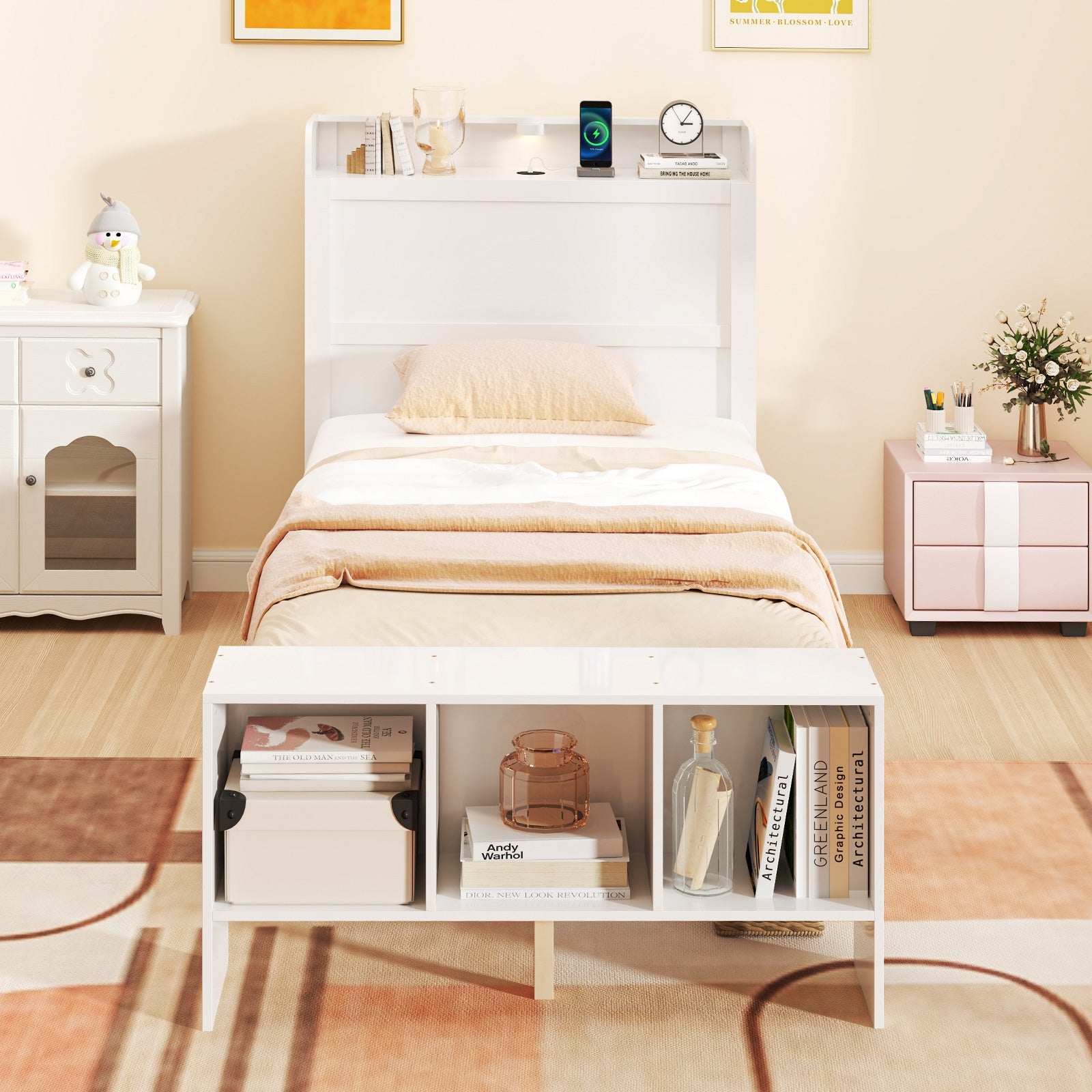 Twin Size Bed Frame with 2 USB Ports with Storage Headboard and Lights-Twin Size, White Simple Bed Frame at Gallery Canada