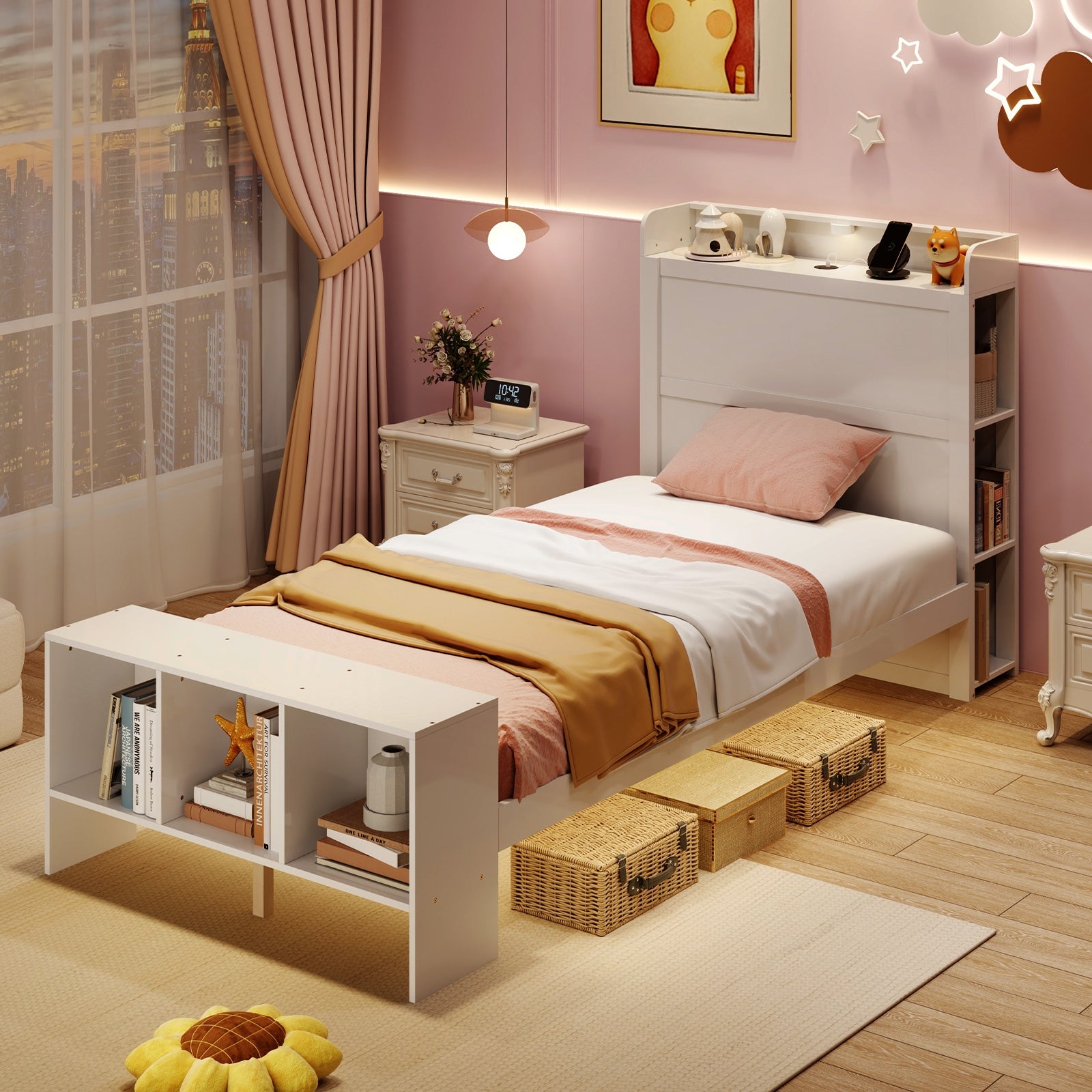 Twin Size Bed Frame with 2 USB Ports with Storage Headboard and Lights-Twin Size, White Simple Bed Frame at Gallery Canada