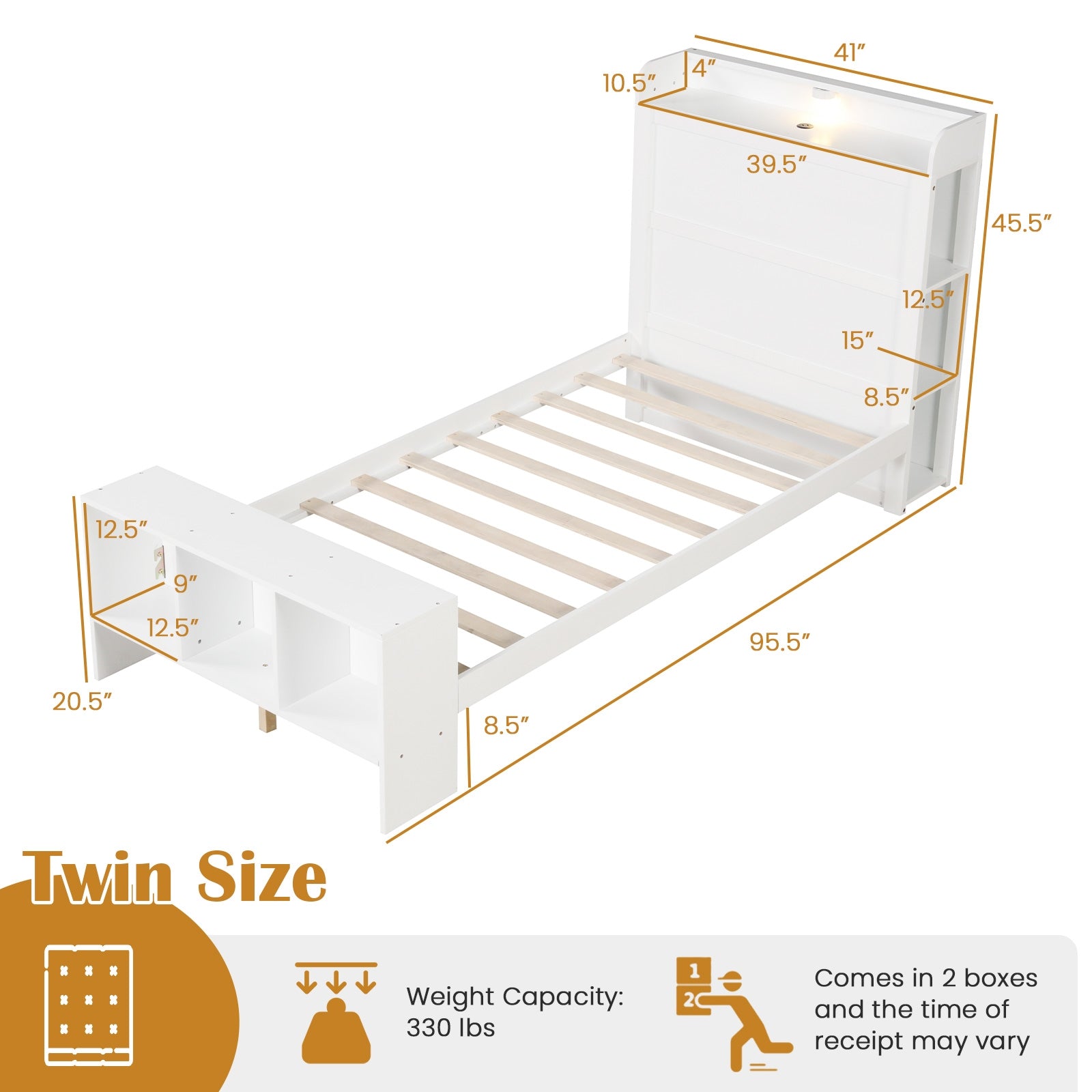 Twin Size Bed Frame with 2 USB Ports with Storage Headboard and Lights-Twin Size, White Simple Bed Frame at Gallery Canada