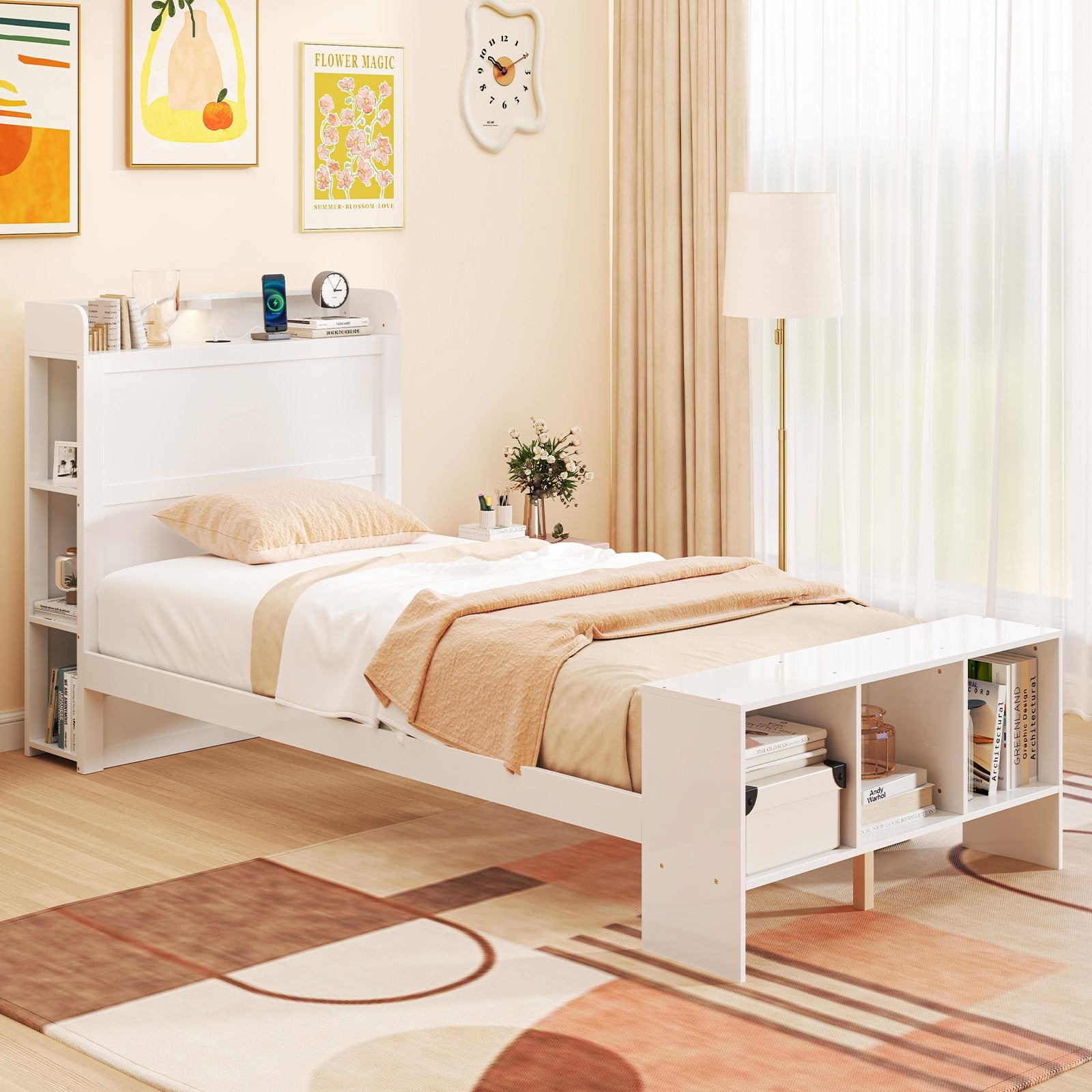 Twin Size Bed Frame with 2 USB Ports with Storage Headboard and Lights-Twin Size, White Simple Bed Frame at Gallery Canada