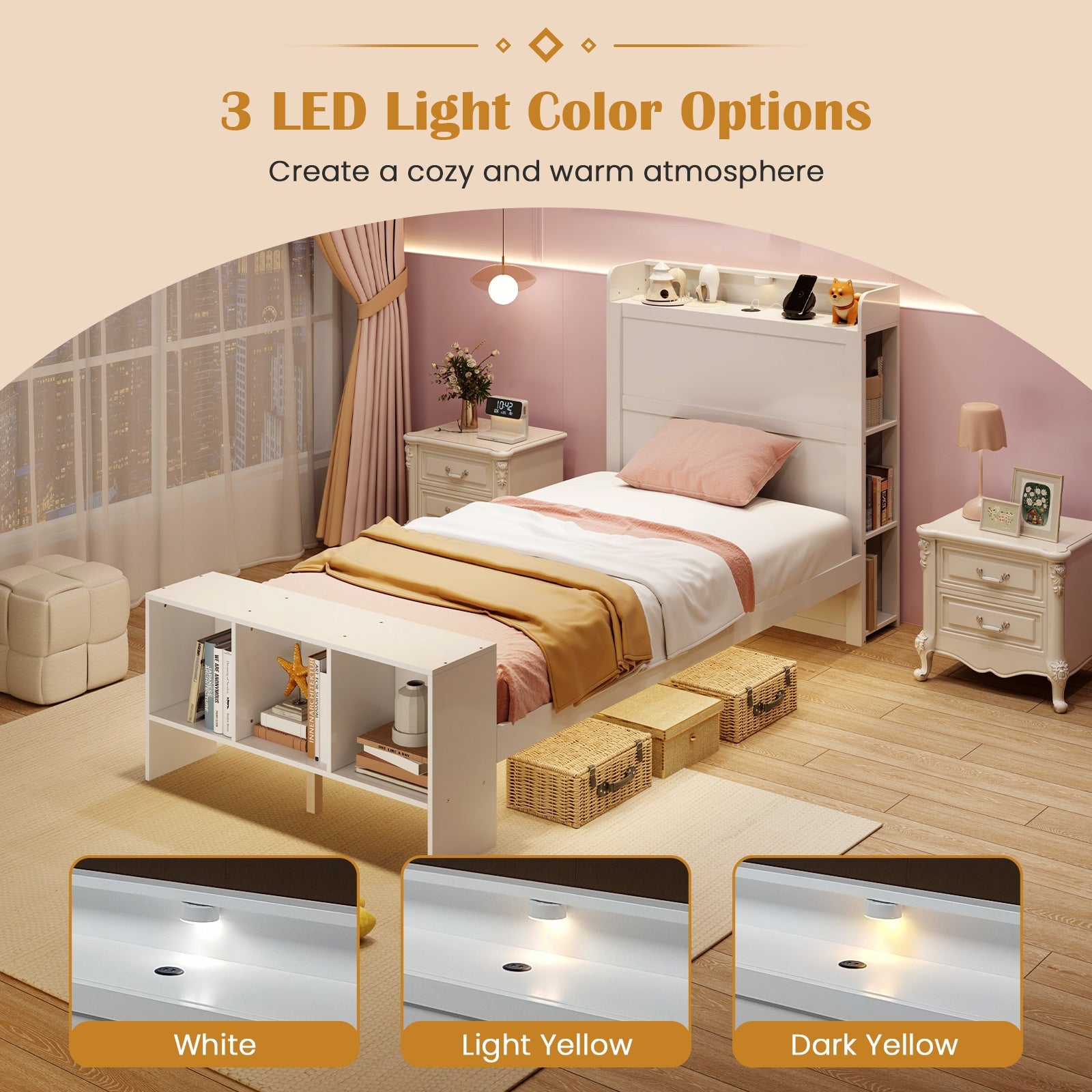 Twin Size Bed Frame with 2 USB Ports with Storage Headboard and Lights-Twin Size, White Simple Bed Frame at Gallery Canada