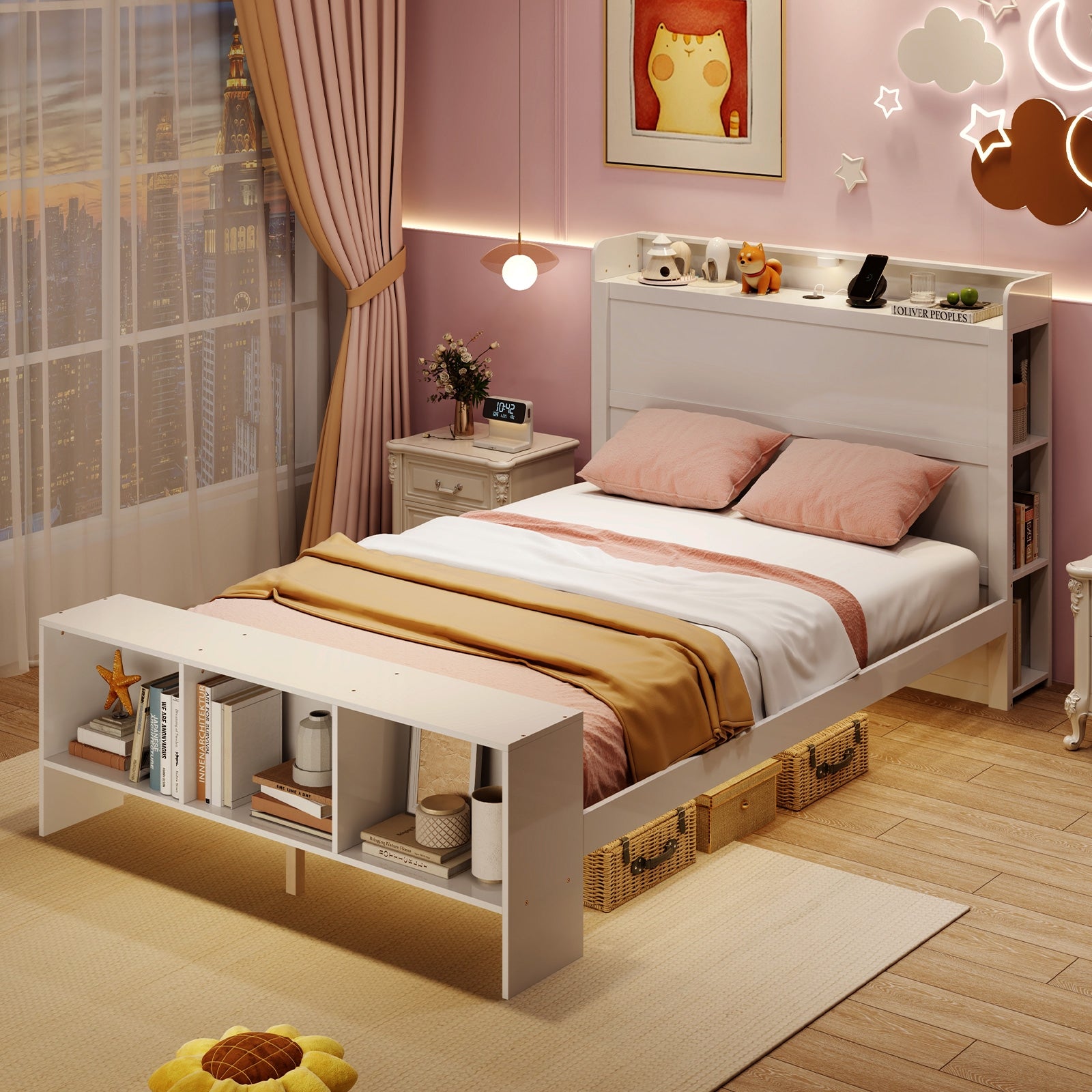 Full Size Bed Frame with 2 USB Ports with Storage Headboard and Lights-Full Size, White Simple Bed Frame at Gallery Canada