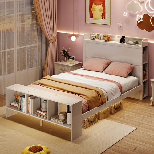Full Size Bed Frame with 2 USB Ports with Storage Headboard and Lights-Full Size, White