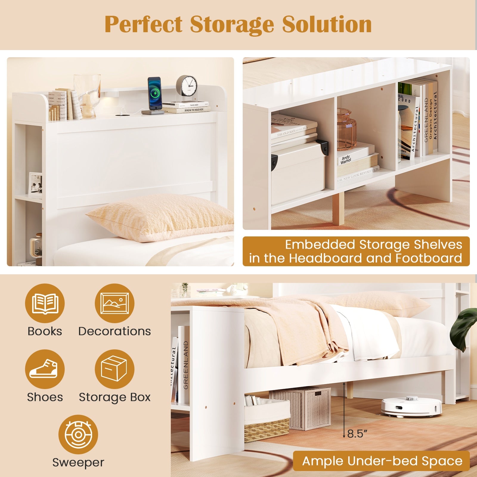 Twin Size Bed Frame with 2 USB Ports with Storage Headboard and Lights-Twin Size, White Simple Bed Frame at Gallery Canada