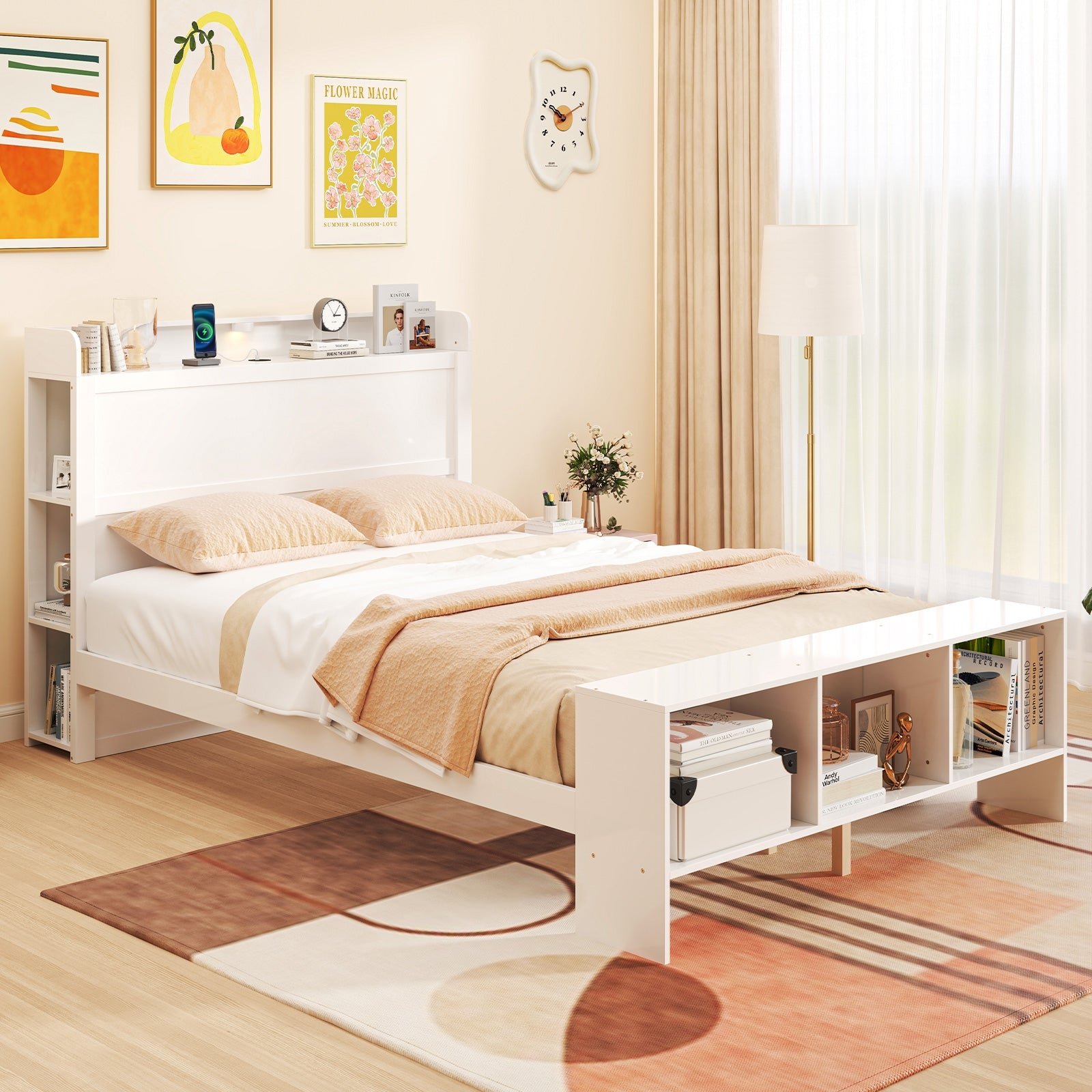 Full Size Bed Frame with 2 USB Ports with Storage Headboard and Lights-Full Size, White Simple Bed Frame at Gallery Canada