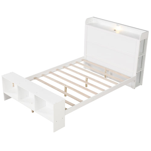 Full Size Bed Frame with 2 USB Ports with Storage Headboard and Lights-Full Size, White