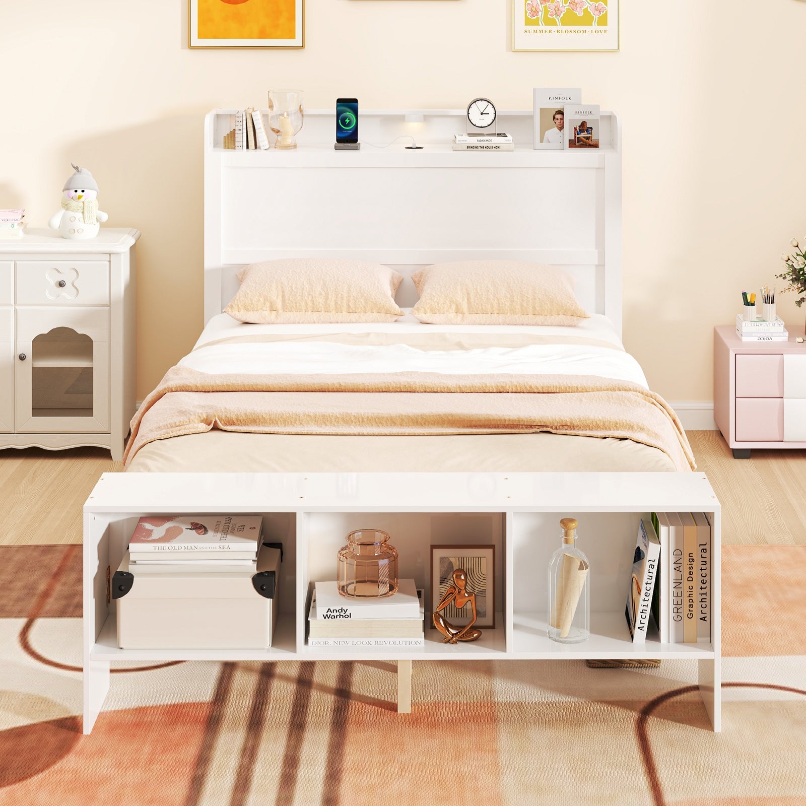 Full Size Bed Frame with 2 USB Ports with Storage Headboard and Lights-Full Size, White Simple Bed Frame at Gallery Canada