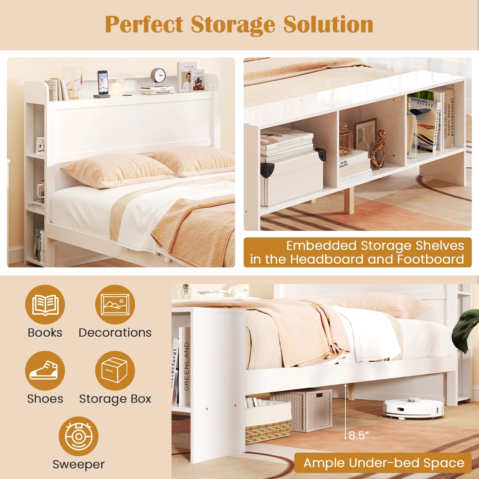 Full Size Bed Frame with 2 USB Ports with Storage Headboard and Lights-Full Size, White Simple Bed Frame at Gallery Canada