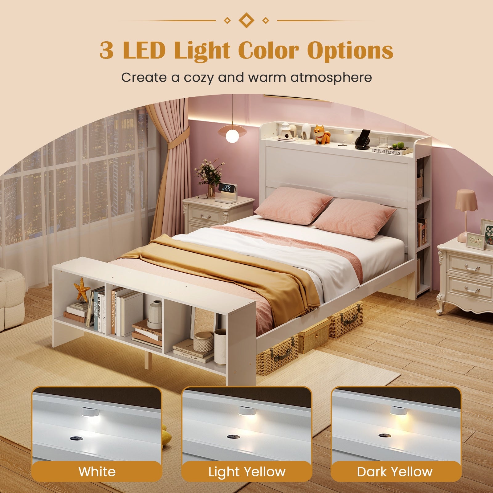 Full Size Bed Frame with 2 USB Ports with Storage Headboard and Lights-Full Size, White Simple Bed Frame at Gallery Canada